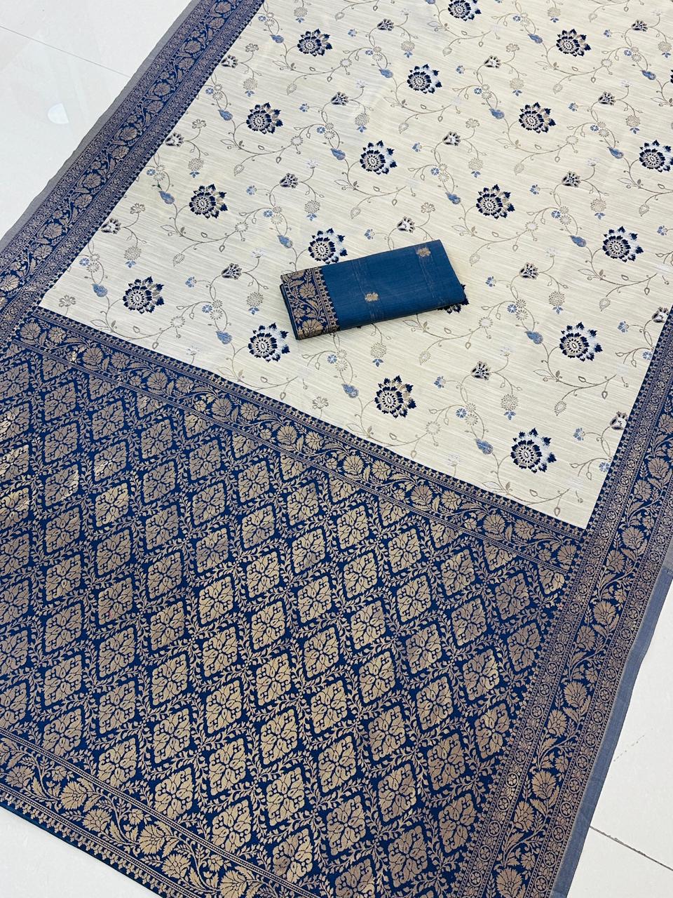Festive Special Banarasi Silk Saree in Royal Ivory Tone - BLUE