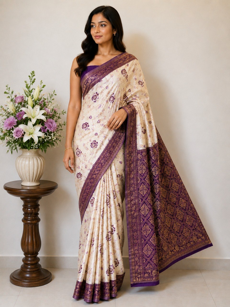 Festive Special Banarasi Silk Saree in Royal Ivory Tone - PURPLE