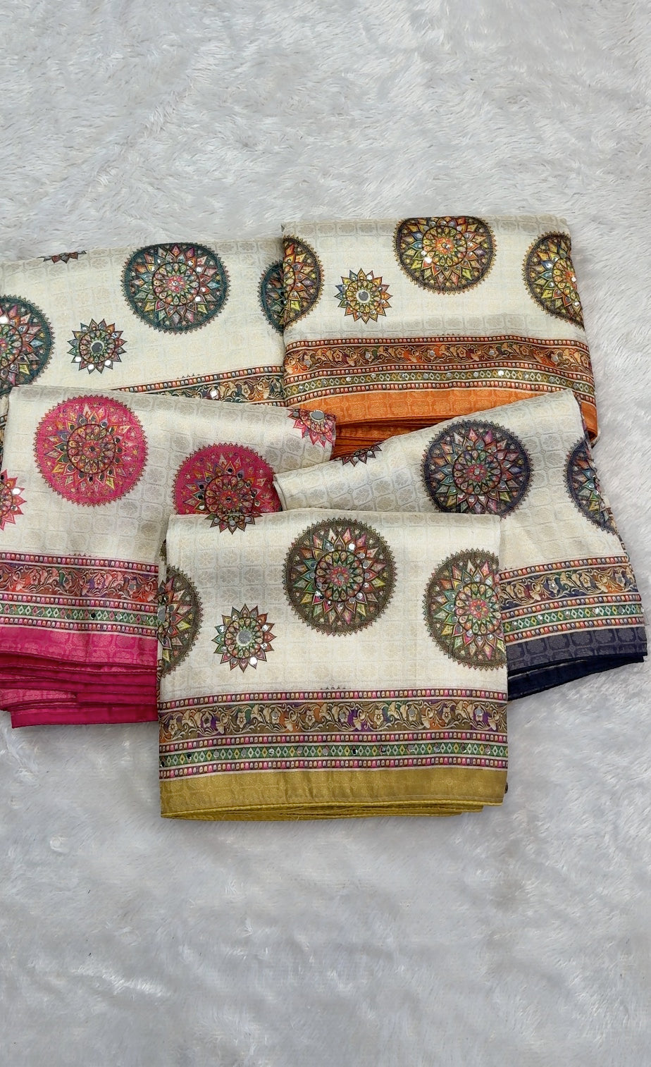 Ivory Elegance Saree with Multicolor Mandala Prints