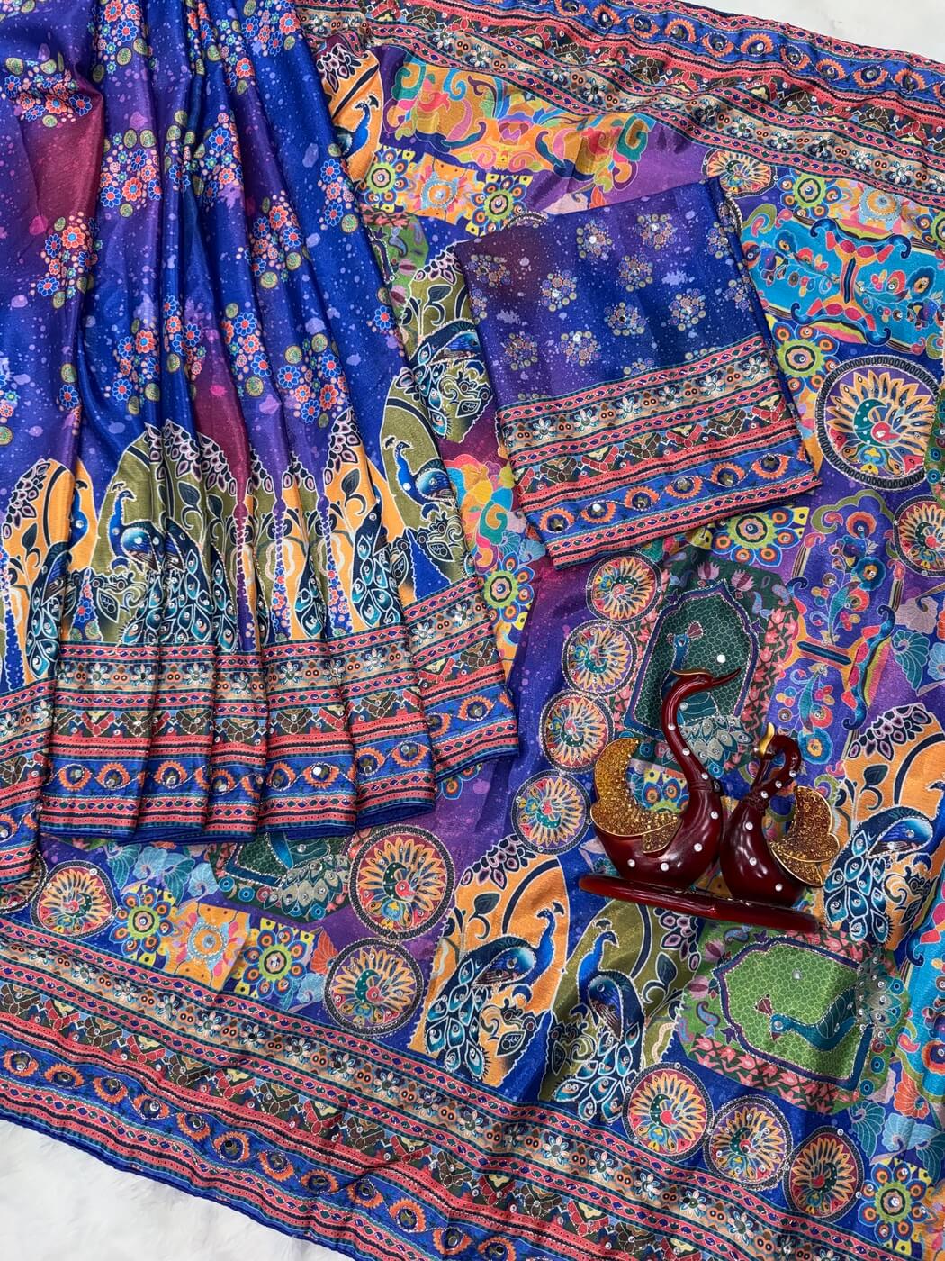 Zephyr Multicolor Chinon Silk Printed Mirror Work Saree - BLUE