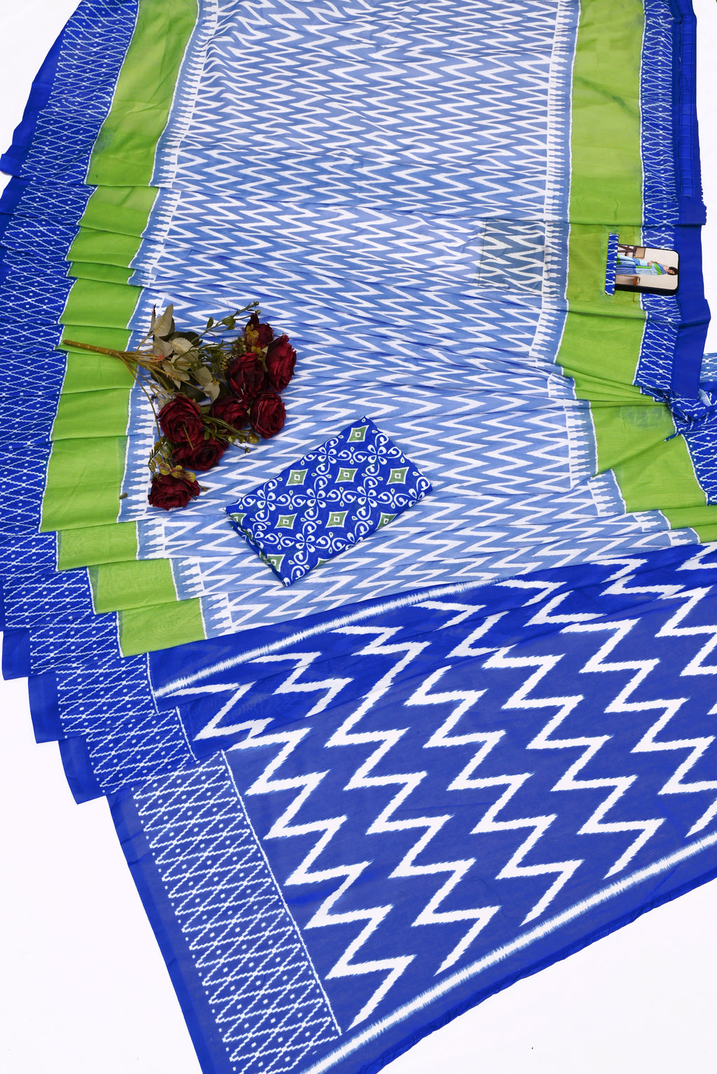 New One Minute Ready To Wear Pure Soft Mul Cotton Silk zigzag Design BLUE Saree With Pocket Along With Same Model Digital printed Unstiched Blouse Piece