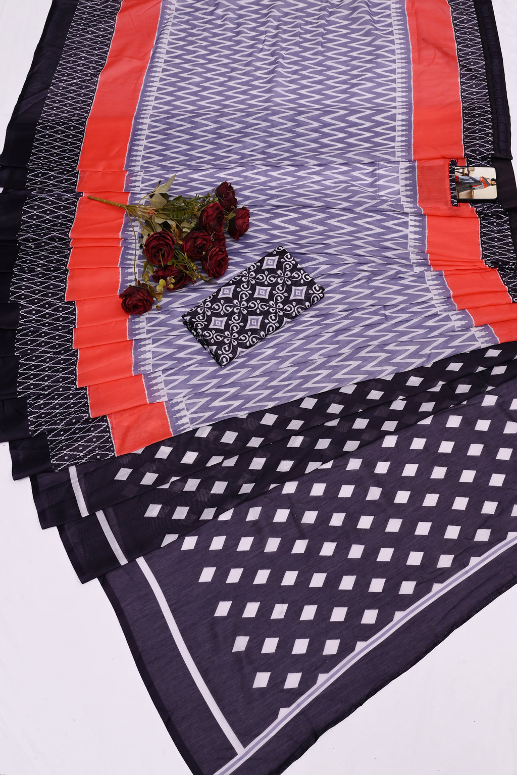 New One Minute Ready To Wear Pure Soft Mul Cotton Silk zigzag Design BLUE Saree With Pocket Along With Same Model Digital printed Unstiched Blouse Piece