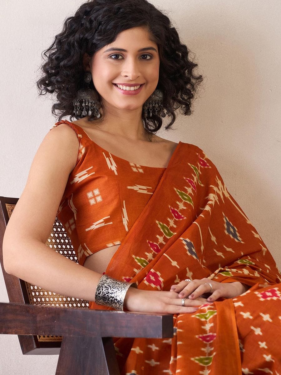 Rhapsody 1 Minute Ready To Wear orange  Mul Cotton Digital Printed Saree