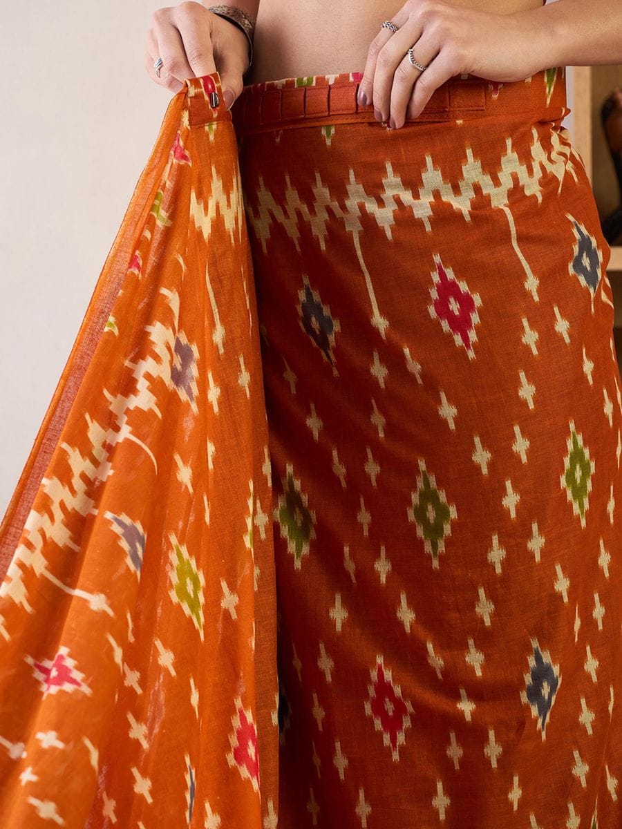 Rhapsody 1 Minute Ready To Wear orange  Mul Cotton Digital Printed Saree