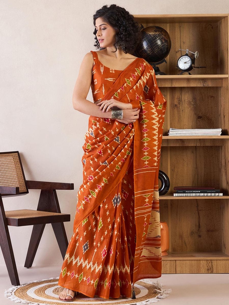 Rhapsody 1 Minute Ready To Wear orange  Mul Cotton Digital Printed Saree