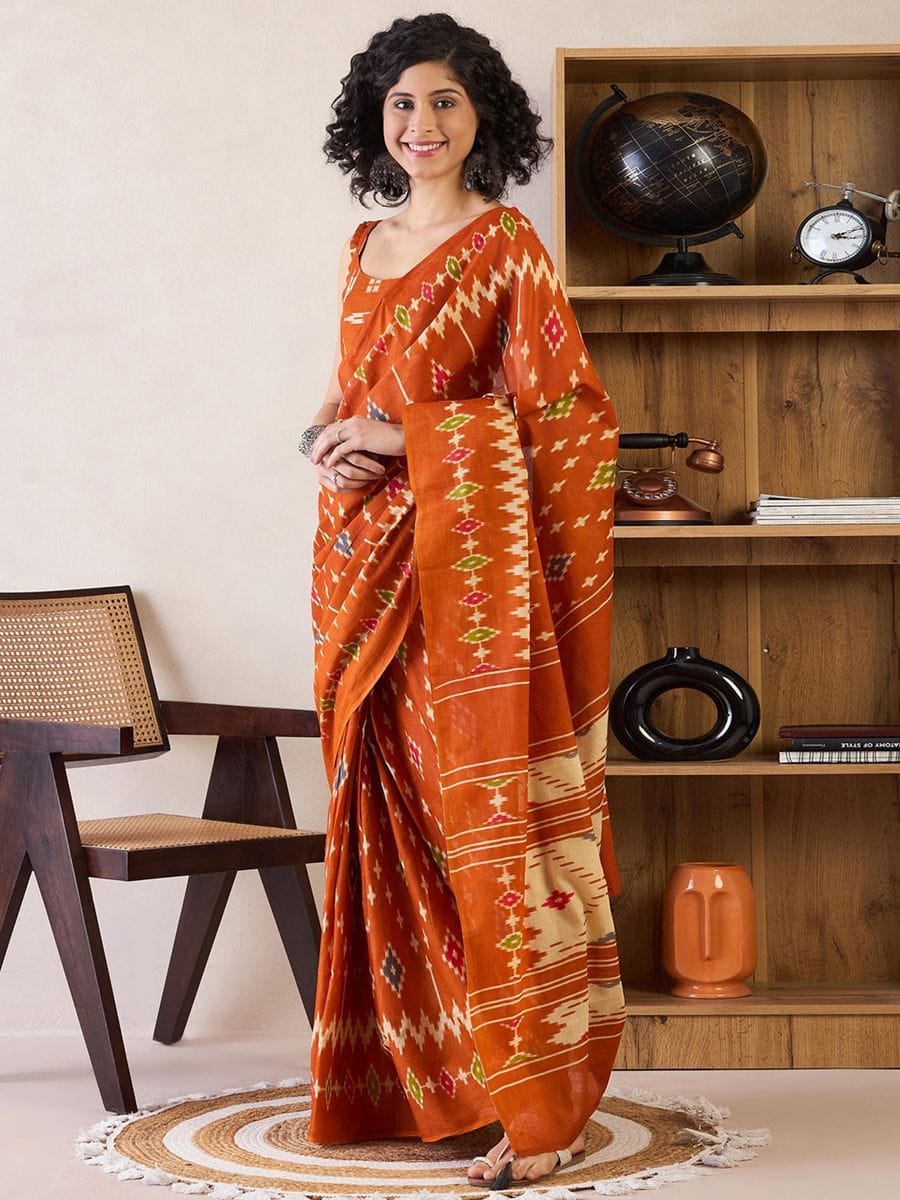 Rhapsody 1 Minute Ready To Wear orange  Mul Cotton Digital Printed Saree