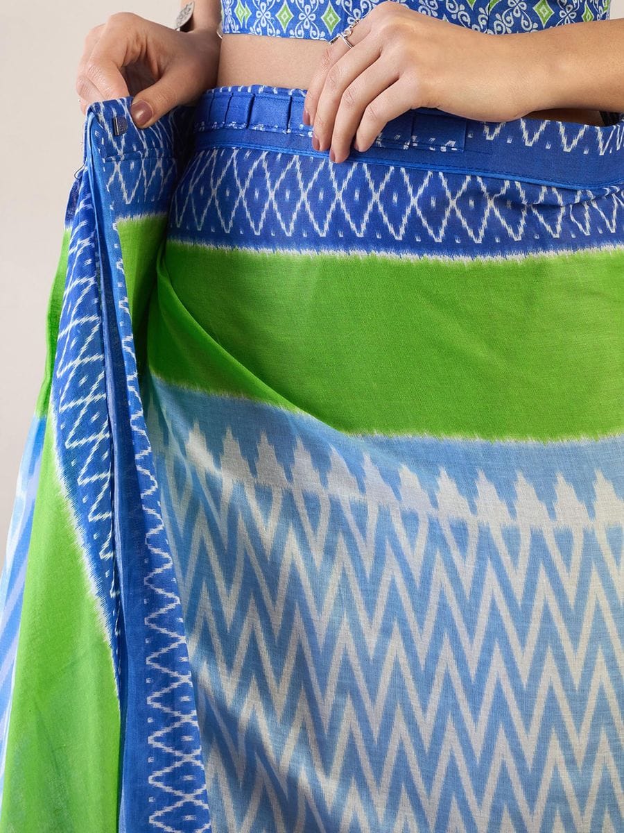 New One Minute Ready To Wear Pure Soft Mul Cotton Silk zigzag Design BLUE Saree With Pocket Along With Same Model Digital printed Unstiched Blouse Piece