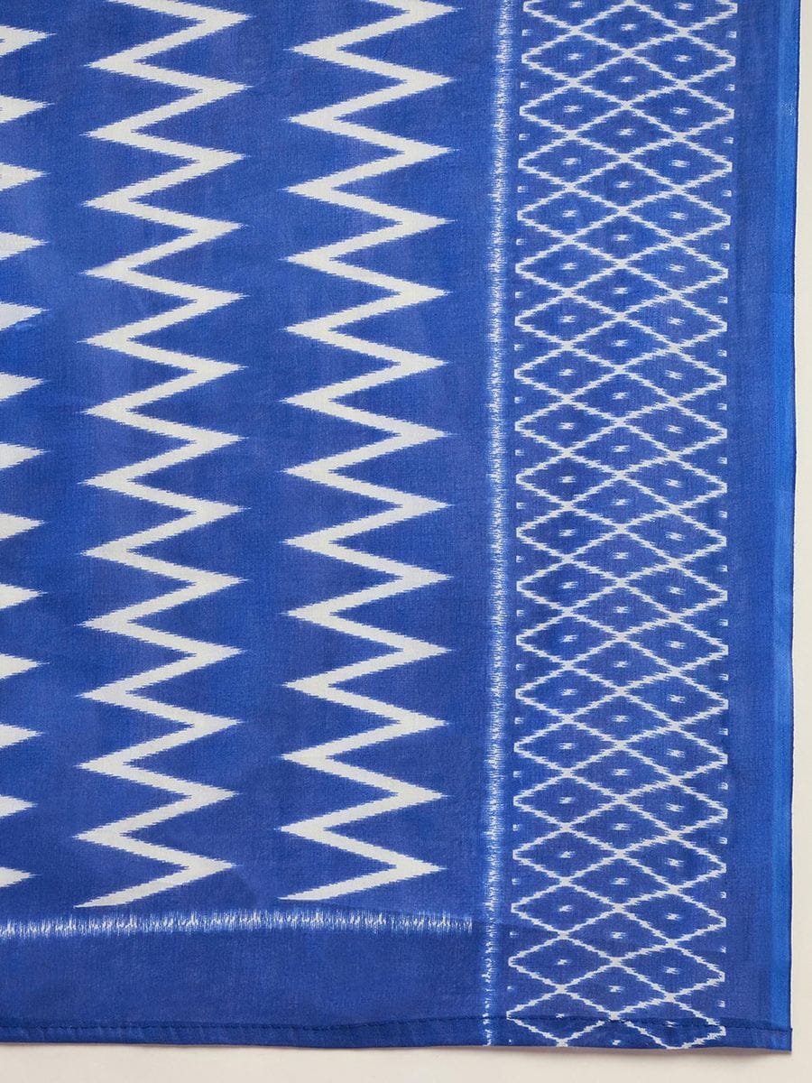 New One Minute Ready To Wear Pure Soft Mul Cotton Silk zigzag Design BLUE Saree With Pocket Along With Same Model Digital printed Unstiched Blouse Piece