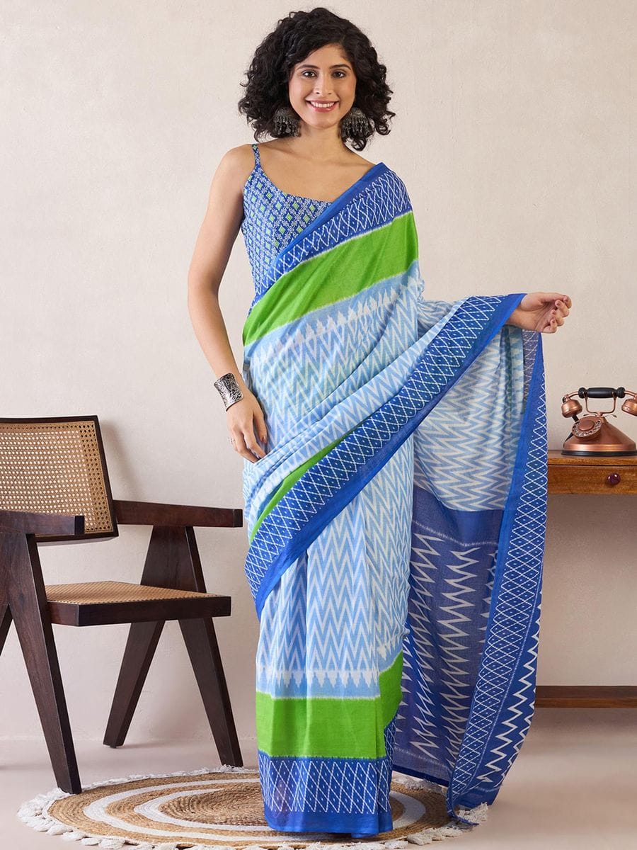 New One Minute Ready To Wear Pure Soft Mul Cotton Silk zigzag Design BLUE Saree With Pocket Along With Same Model Digital printed Unstiched Blouse Piece