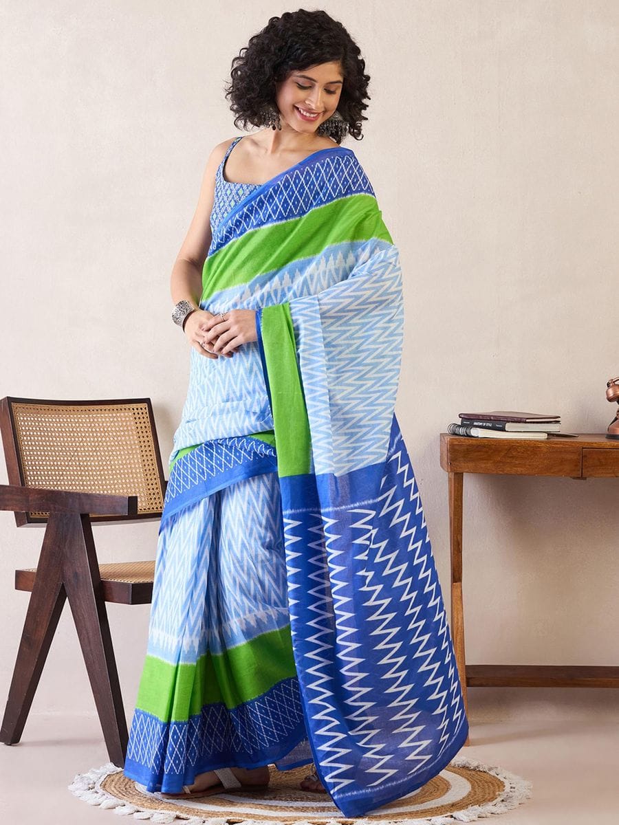 New One Minute Ready To Wear Pure Soft Mul Cotton Silk zigzag Design BLUE Saree With Pocket Along With Same Model Digital printed Unstiched Blouse Piece