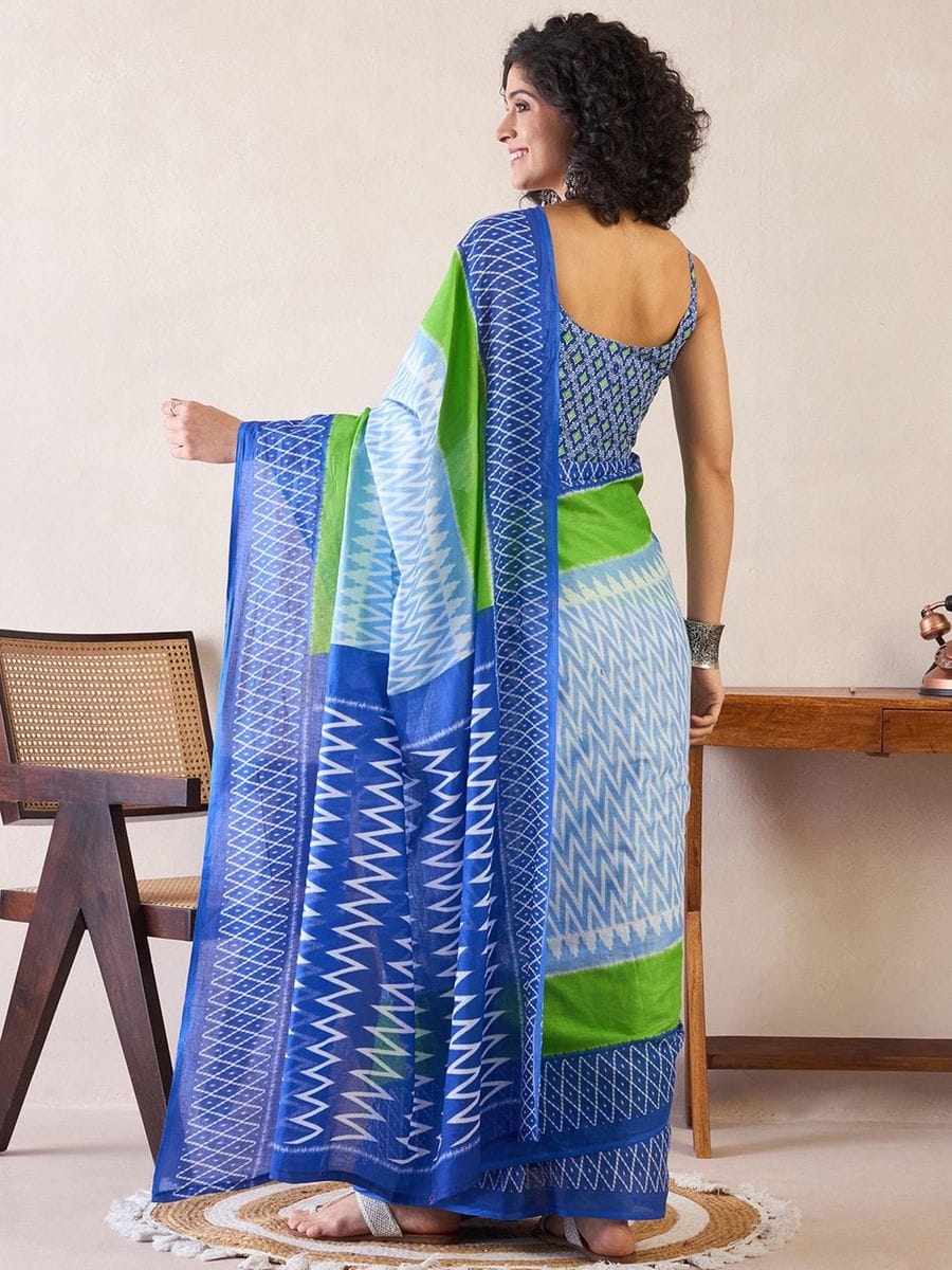 New One Minute Ready To Wear Pure Soft Mul Cotton Silk zigzag Design BLUE Saree With Pocket Along With Same Model Digital printed Unstiched Blouse Piece