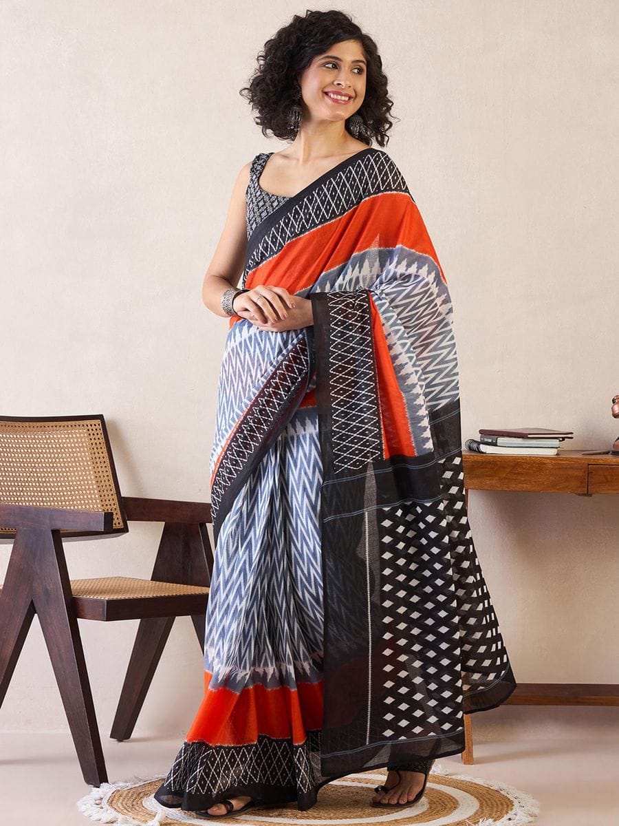 New One Minute Ready To Wear Pure Soft Mul Cotton Silk zigzag Design BLUE Saree With Pocket Along With Same Model Digital printed Unstiched Blouse Piece