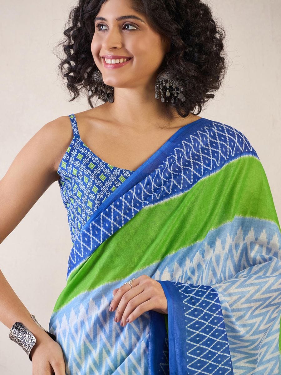New One Minute Ready To Wear Pure Soft Mul Cotton Silk zigzag Design BLUE Saree With Pocket Along With Same Model Digital printed Unstiched Blouse Piece