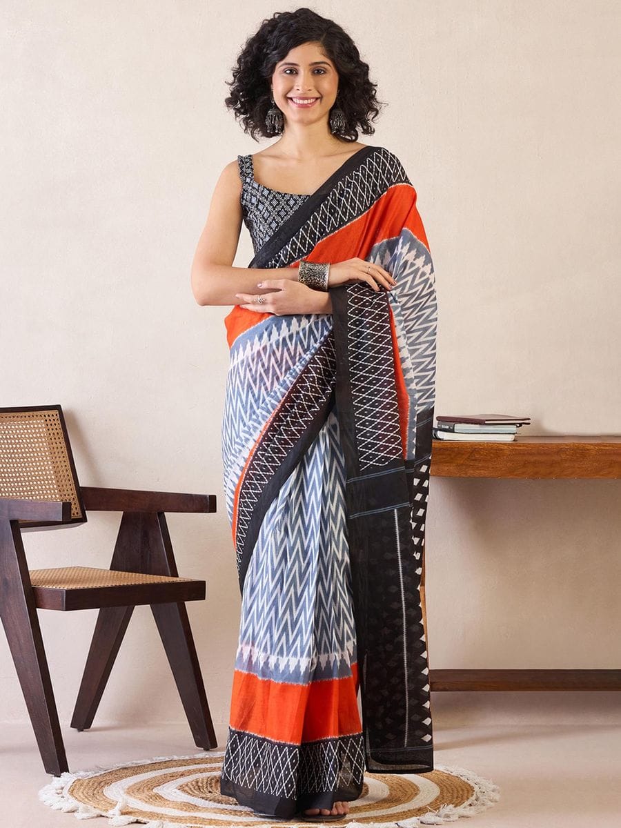 New One Minute Ready To Wear Pure Soft Mul Cotton Silk zigzag Design BLUE Saree With Pocket Along With Same Model Digital printed Unstiched Blouse Piece