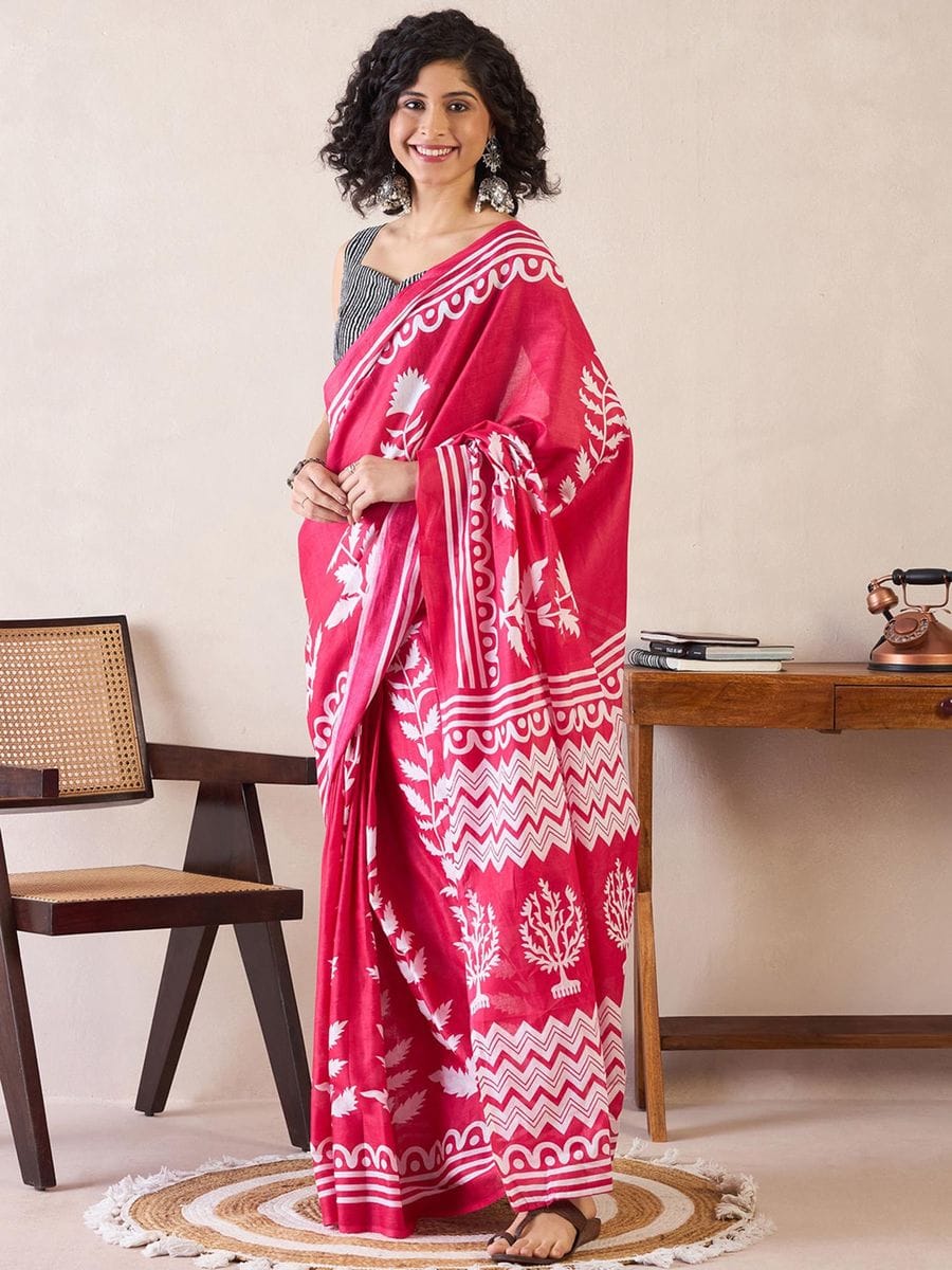 New One Minute Ready To Wear Pure Soft Mul Cotton Silk Rani Pink Saree With Pocket Along With Running Unstiched Blouse Piece