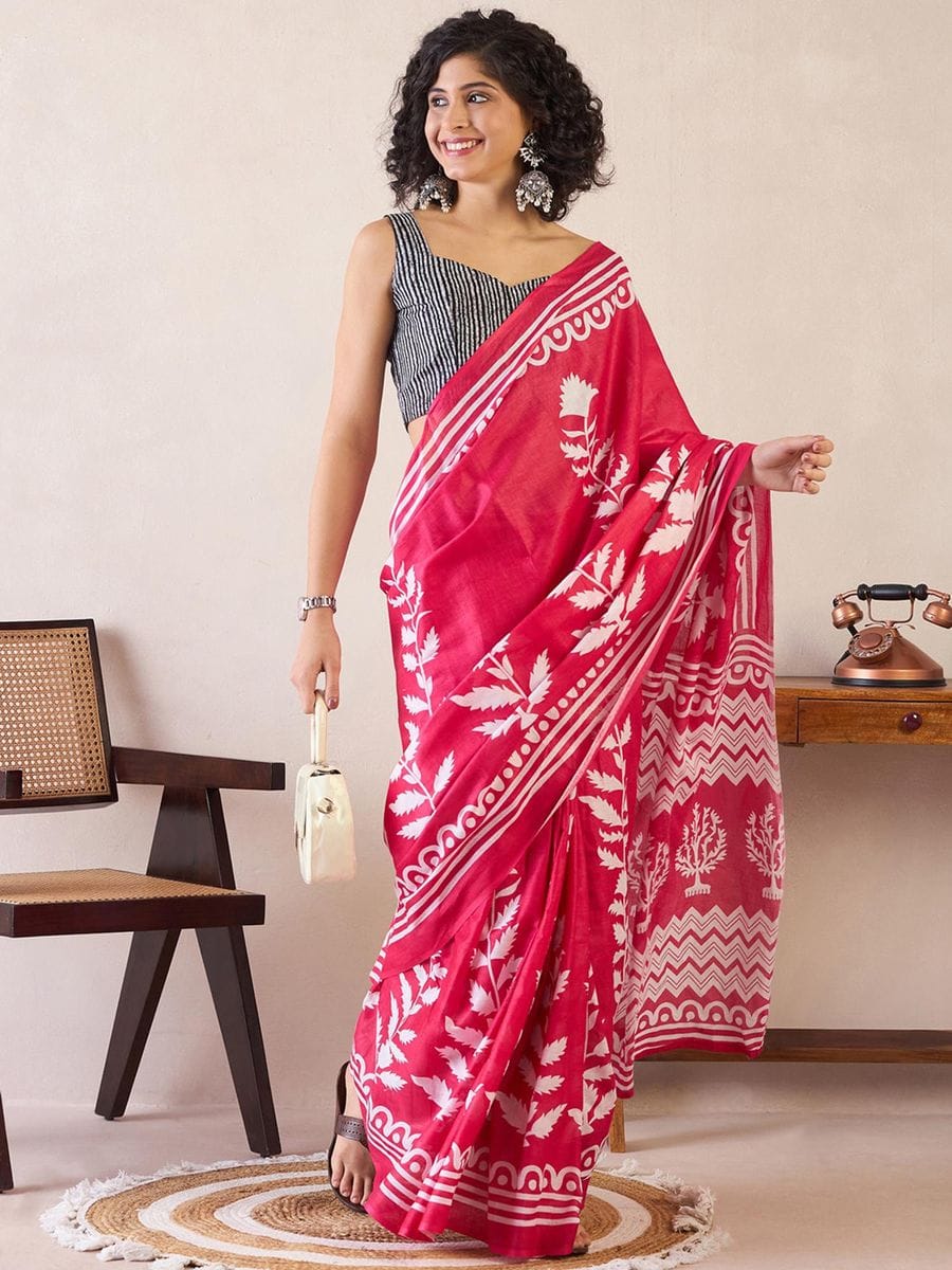 New One Minute Ready To Wear Pure Soft Mul Cotton Silk Rani Pink Saree With Pocket Along With Running Unstiched Blouse Piece