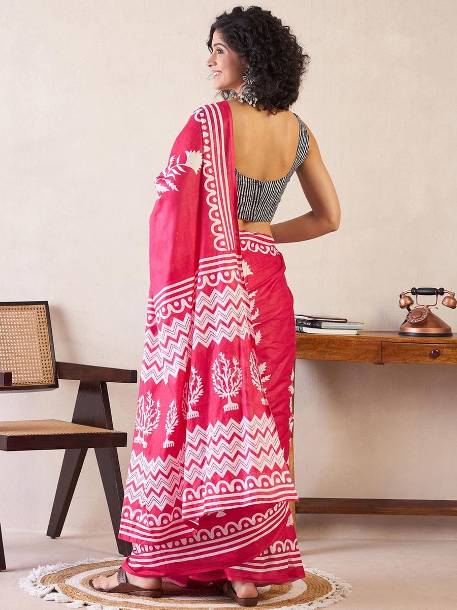 New One Minute Ready To Wear Pure Soft Mul Cotton Silk Rani Pink Saree With Pocket Along With Running Unstiched Blouse Piece