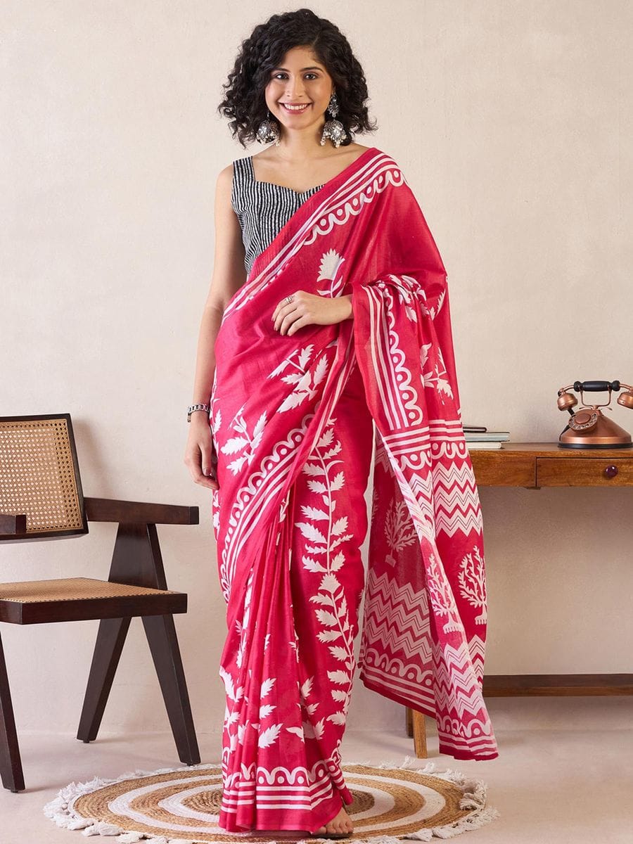 New One Minute Ready To Wear Pure Soft Mul Cotton Silk Rani Pink Saree With Pocket Along With Running Unstiched Blouse Piece