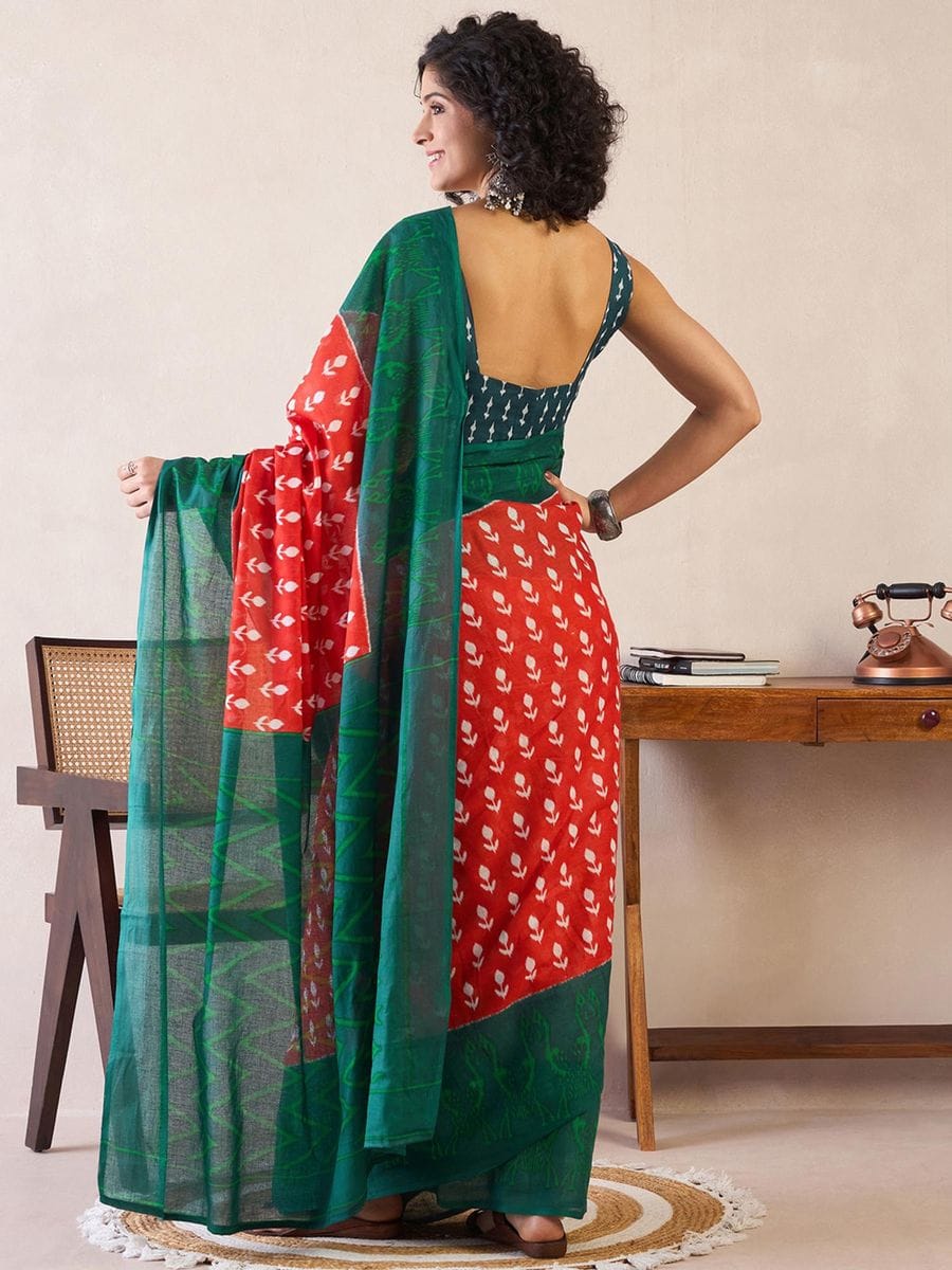 SAREE MALL Women's Cotton Ikat Printed Ready To Wear one Minute Saree With Blouse Pice