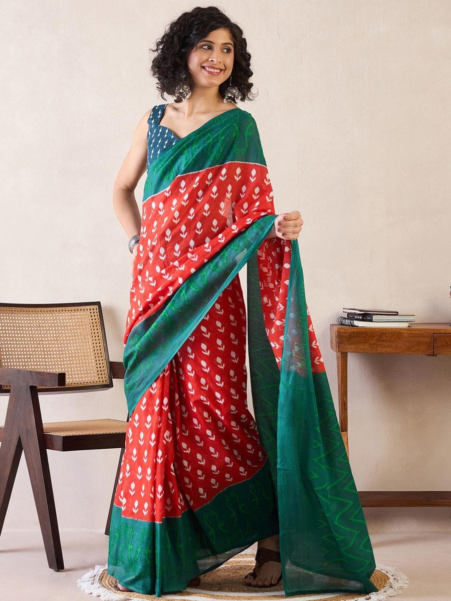 SAREE MALL Women's Cotton Ikat Printed Ready To Wear one Minute Saree With Blouse Pice