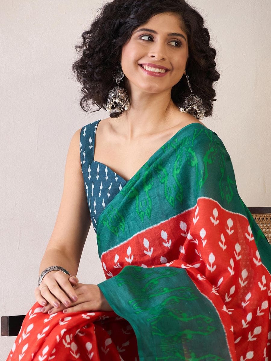 SAREE MALL Women's Cotton Ikat Printed Ready To Wear one Minute Saree With Blouse Pice