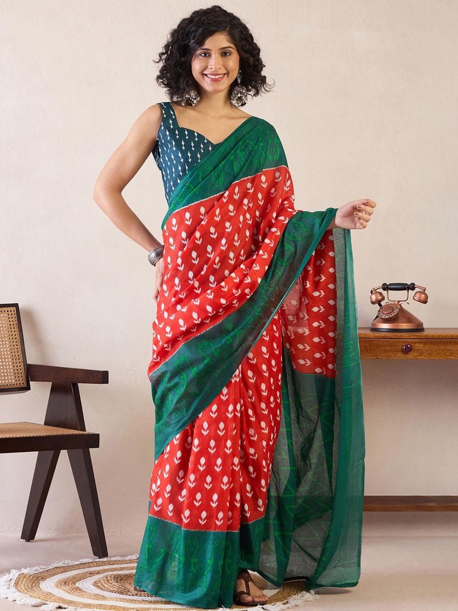 SAREE MALL Women's Cotton Ikat Printed Ready To Wear one Minute Saree With Blouse Pice