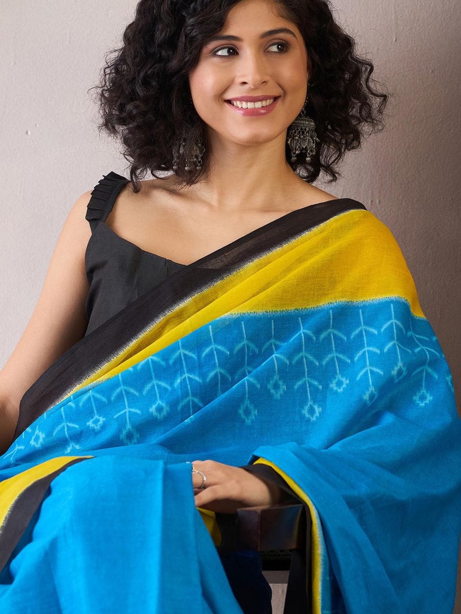 Gratifying 1 Minute Ready To Wear Blue Mul Cotton Digital Printed Saree With Pocket