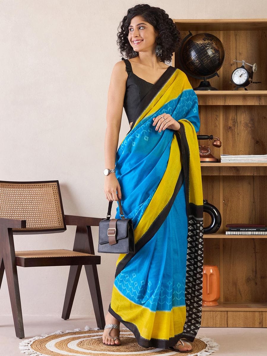 Gratifying 1 Minute Ready To Wear Blue Mul Cotton Digital Printed Saree With Pocket