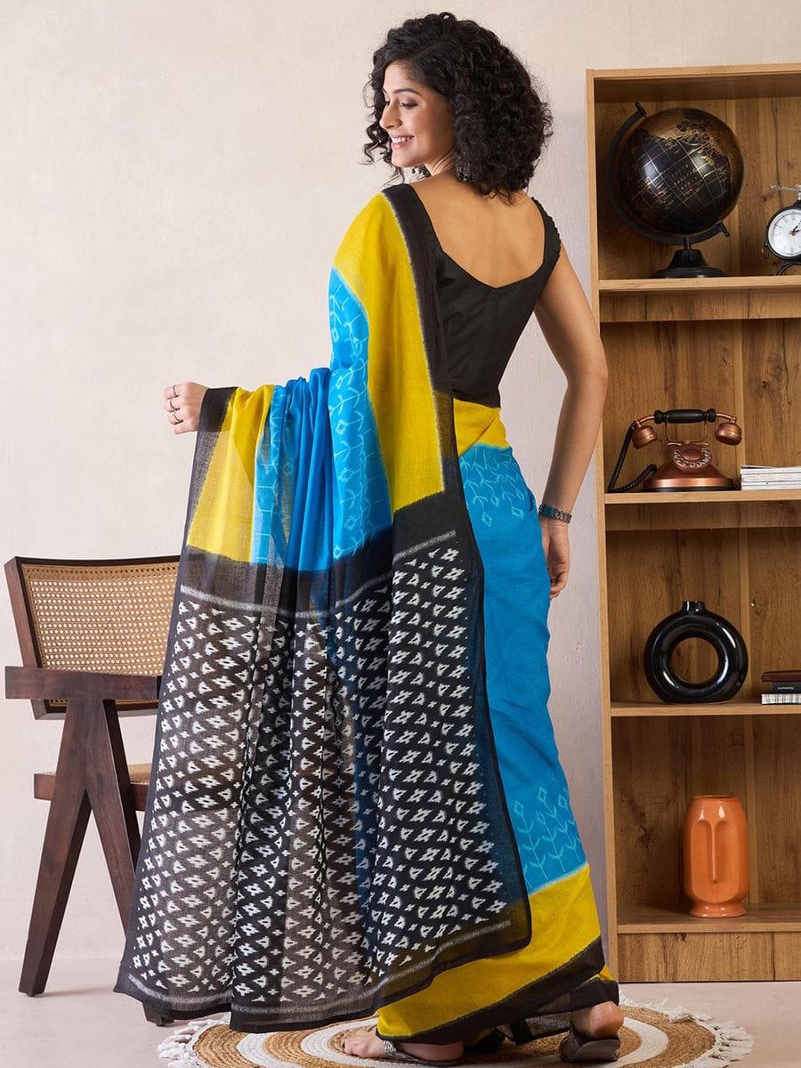 Gratifying 1 Minute Ready To Wear Blue Mul Cotton Digital Printed Saree With Pocket