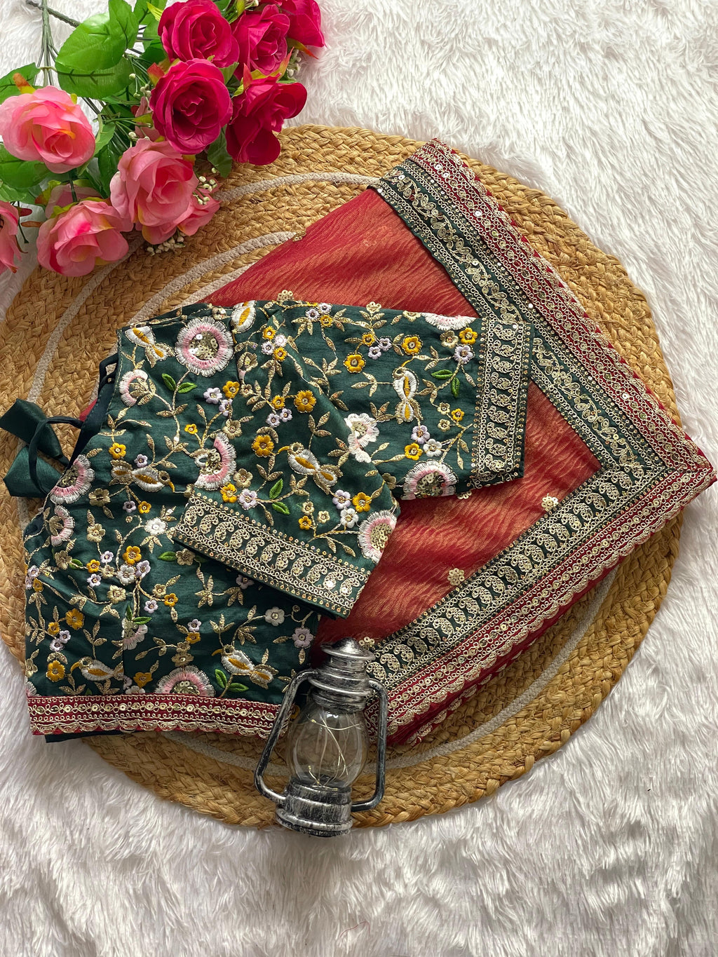 Orange Crush Fabric Saree with Border Embroidery & Golden Jari Butta + Stitched Embroidered Blouse
