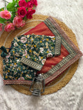 Orange Crush Fabric Saree with Border Embroidery & Golden Jari Butta + Stitched Embroidered Blouse