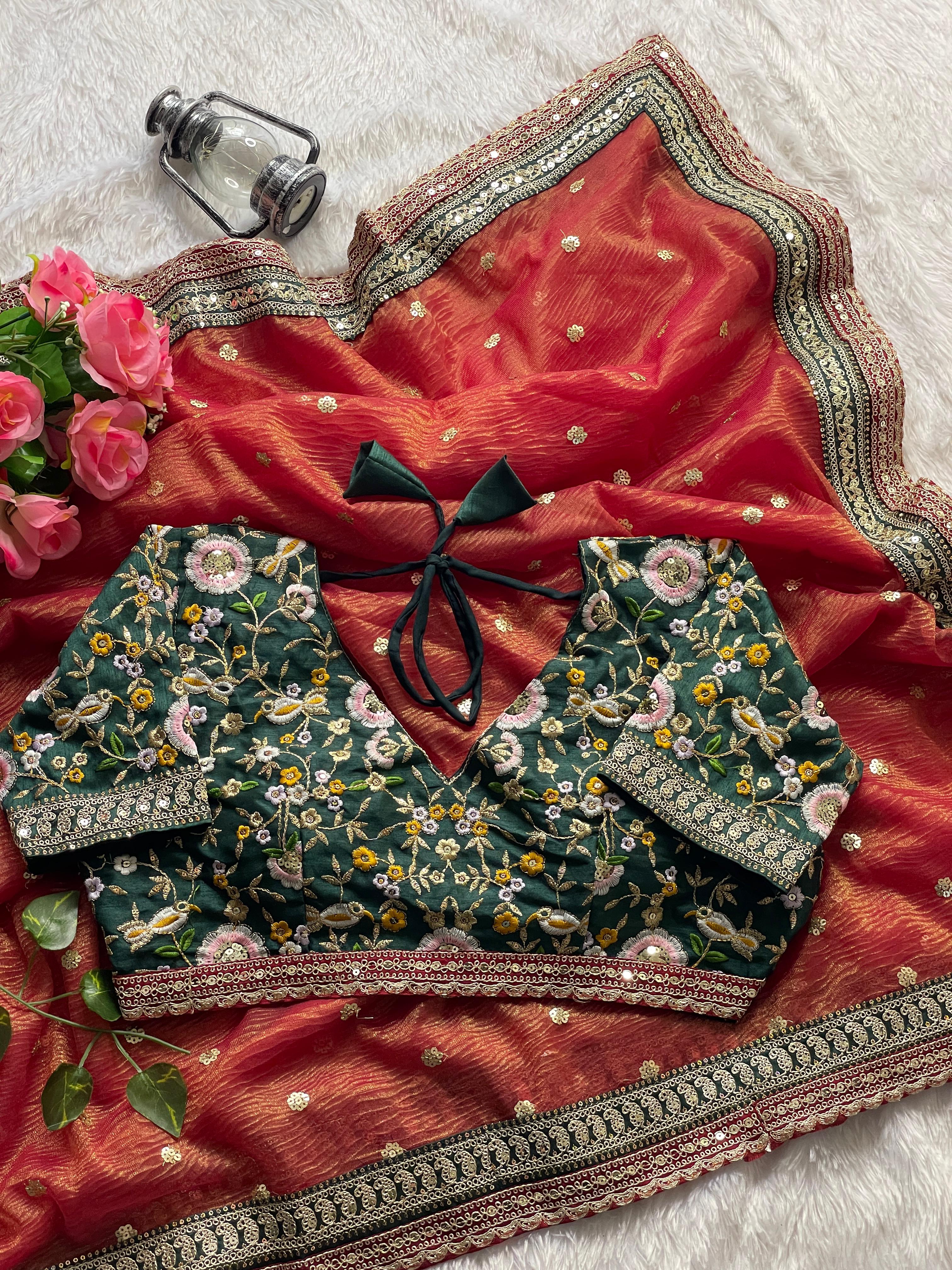 Orange Crush Fabric Saree with Border Embroidery & Golden Jari Butta + Stitched Embroidered Blouse