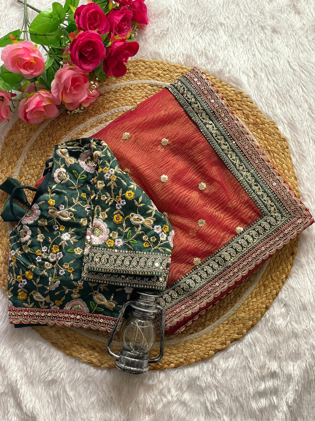Orange Crush Fabric Saree with Border Embroidery & Golden Jari Butta + Stitched Embroidered Blouse