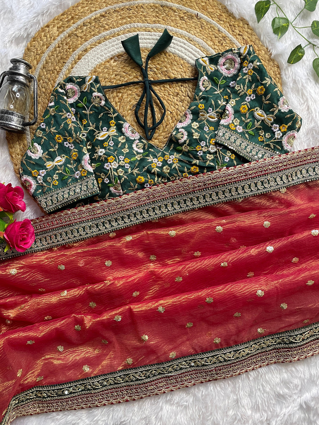 Orange Crush Fabric Saree with Border Embroidery & Golden Jari Butta + Stitched Embroidered Blouse