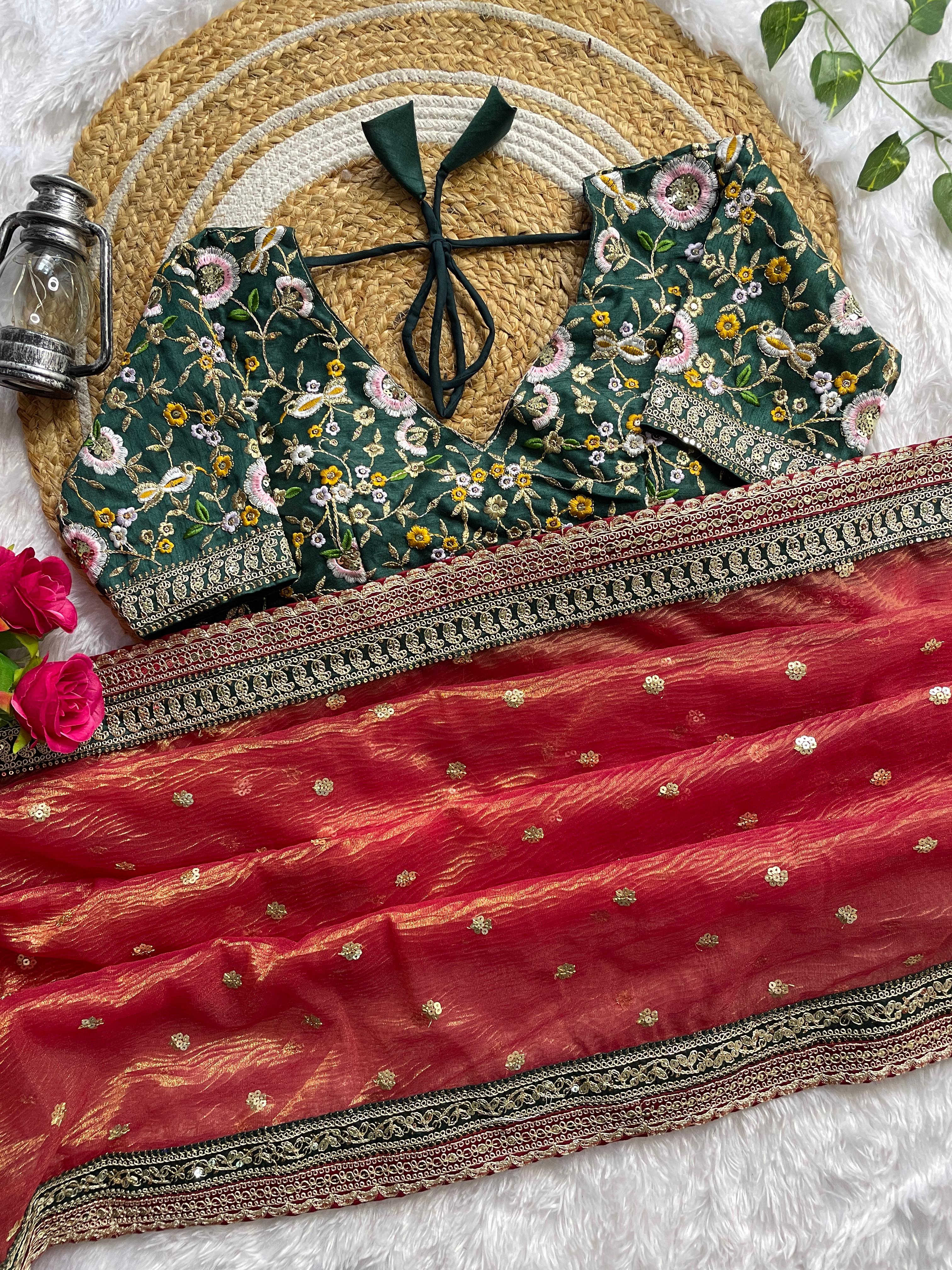 Orange Crush Fabric Saree with Border Embroidery & Golden Jari Butta + Stitched Embroidered Blouse