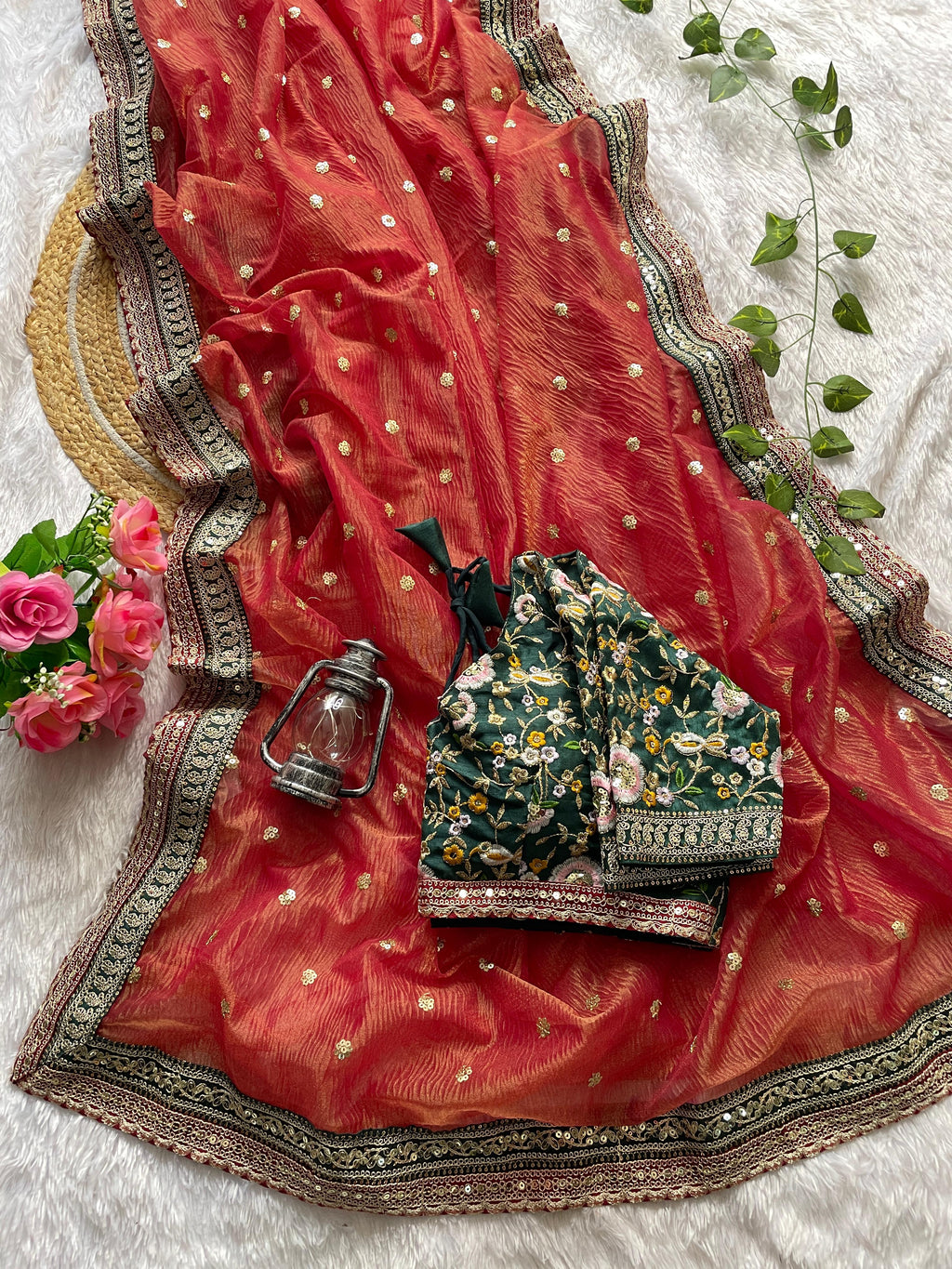 Orange Crush Fabric Saree with Border Embroidery & Golden Jari Butta + Stitched Embroidered Blouse