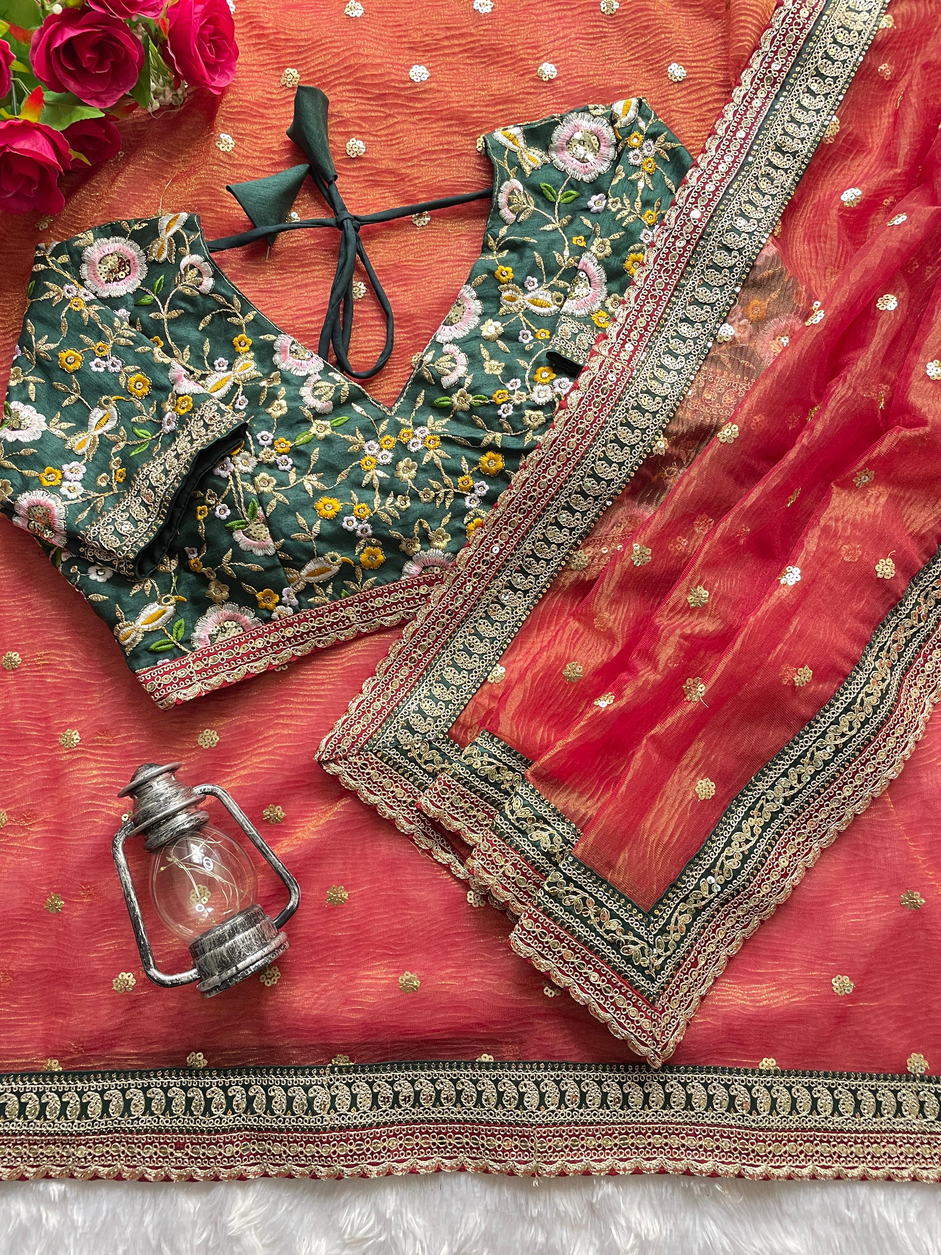 Orange Crush Fabric Saree with Border Embroidery & Golden Jari Butta + Stitched Embroidered Blouse