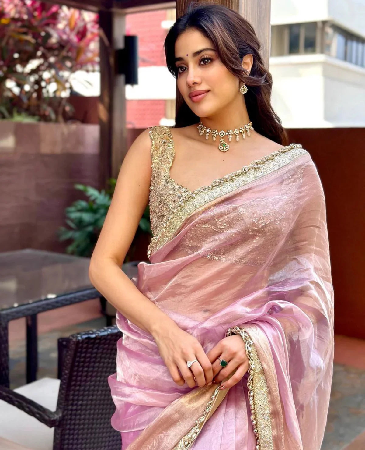 Janhvi Kapoor Inspired Pink Tissue Silk Saree