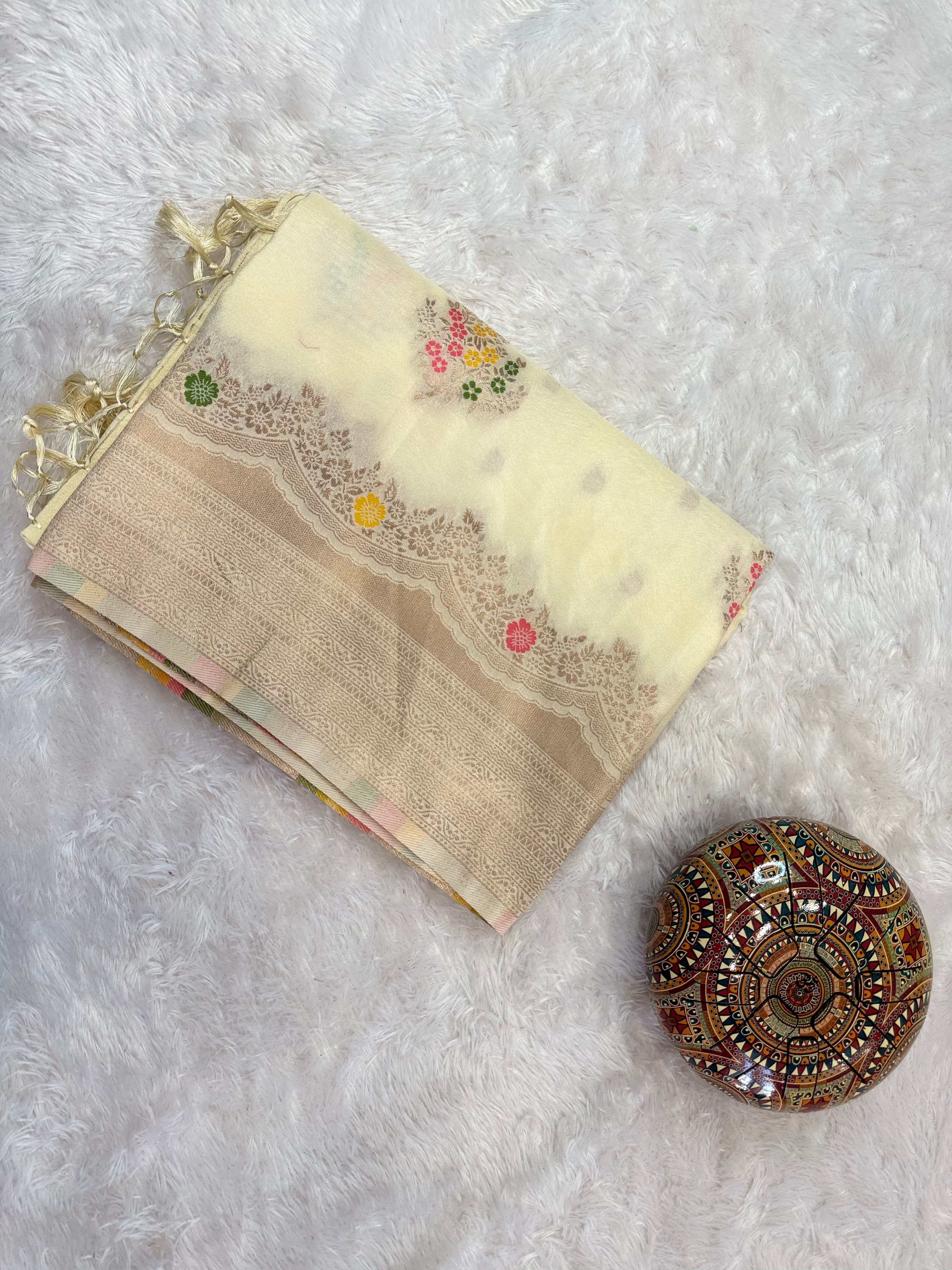 Pastel Yellow Festive Saree with Multicolor Floral Work and Elegant Pallu Tassels