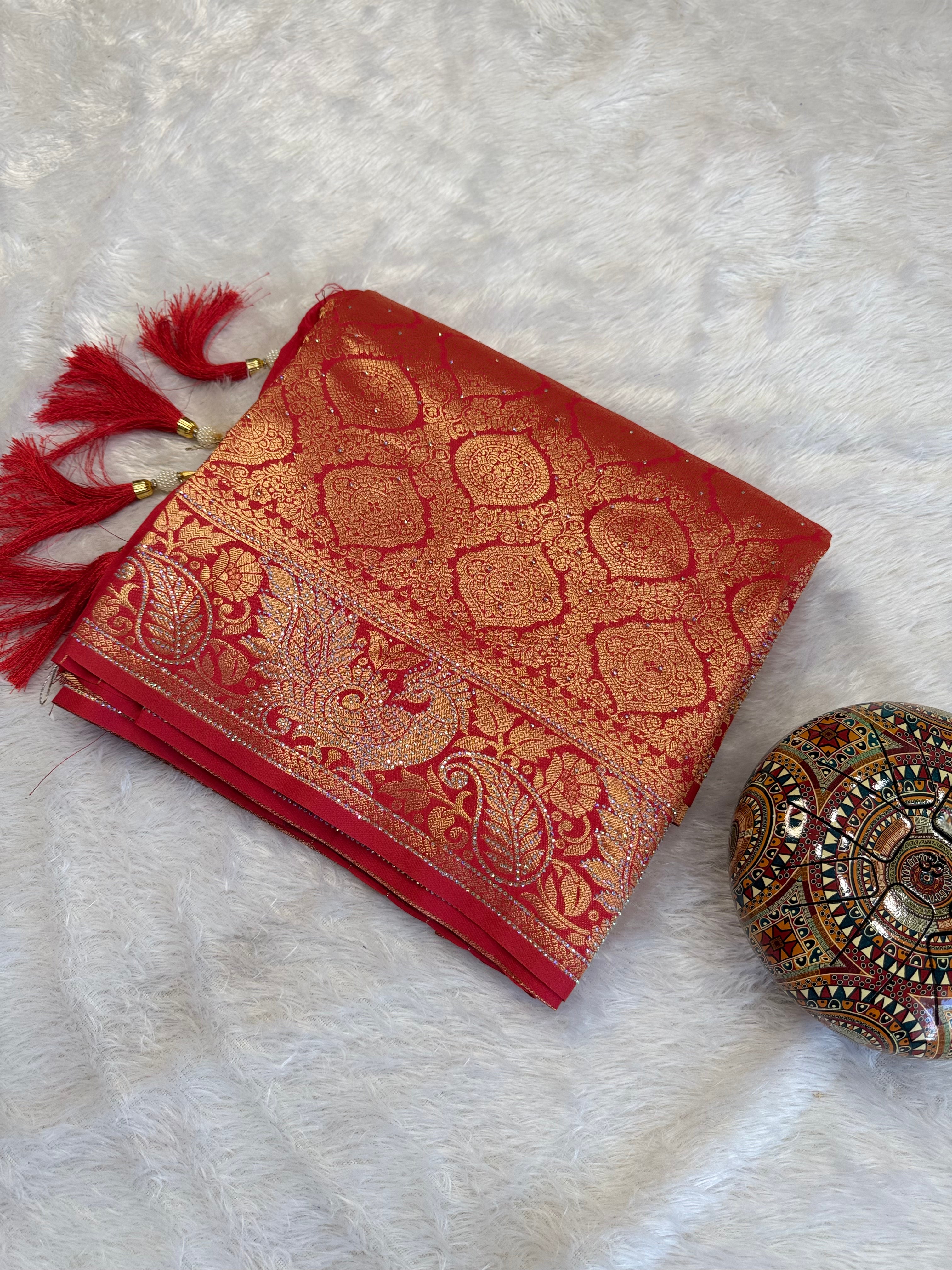 Red Festive Saree with Heavy Zari Work and Traditional Artistic Border