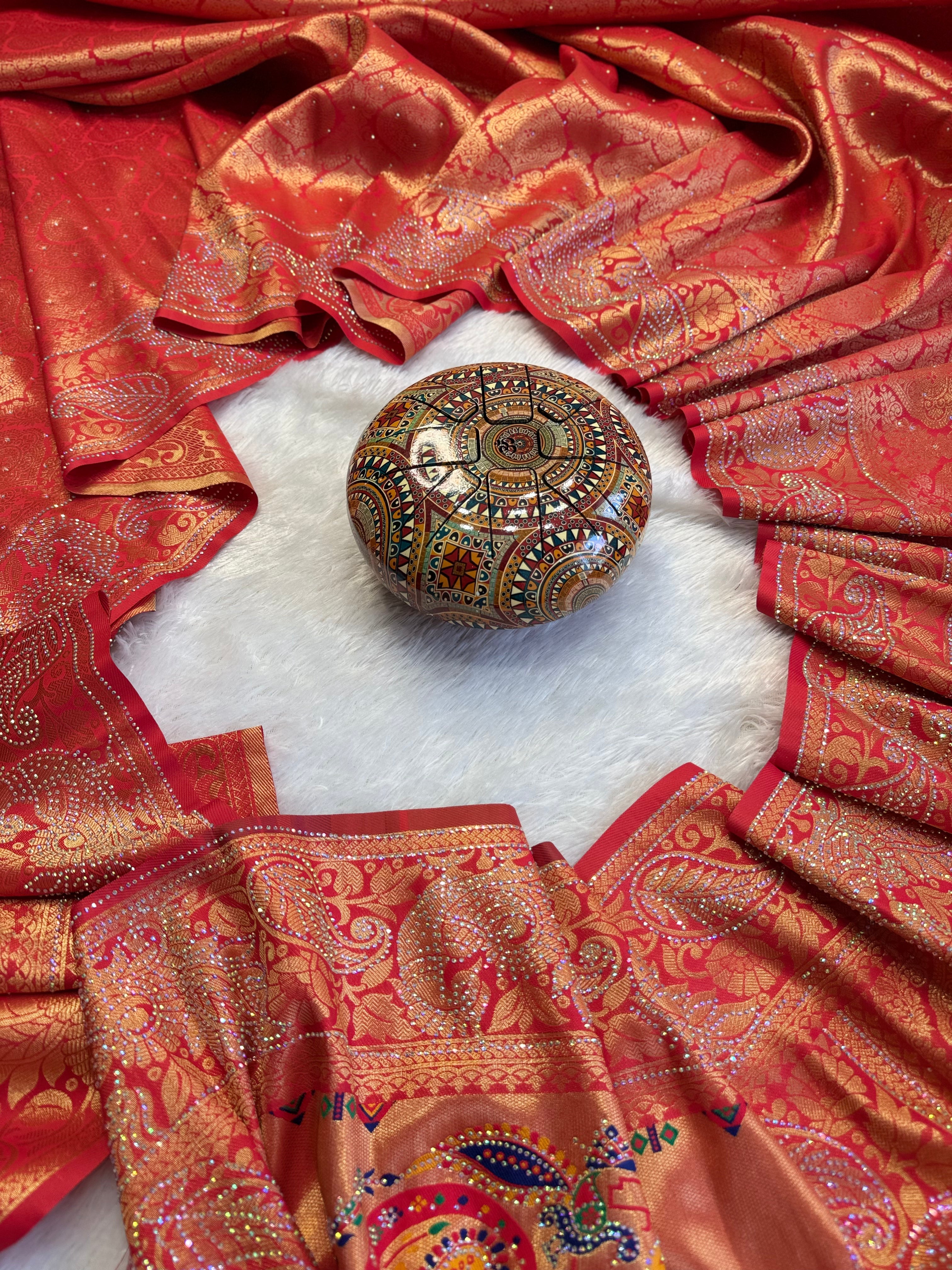 Red Festive Saree with Heavy Zari Work and Traditional Artistic Border