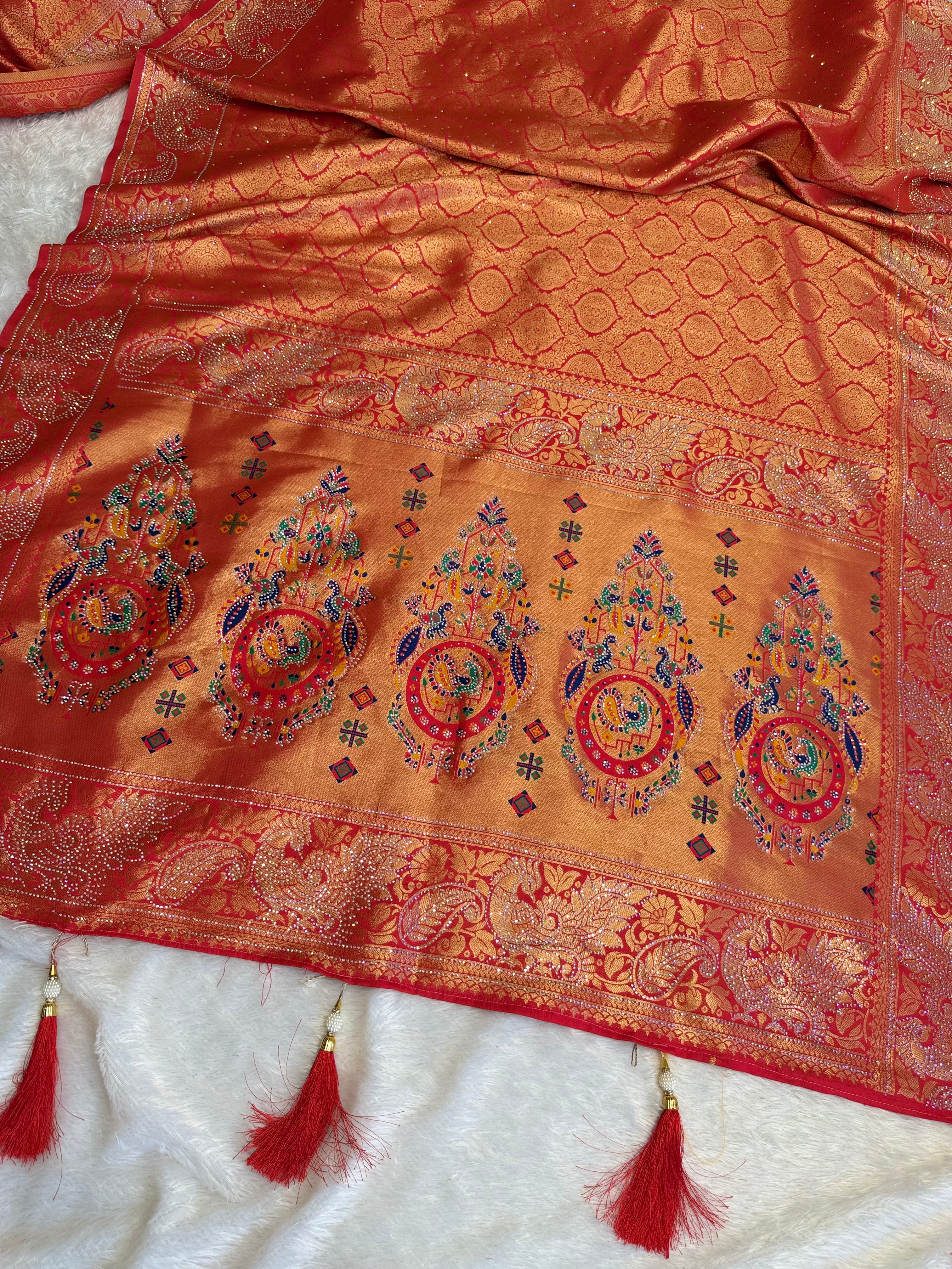 Red Festive Saree with Heavy Zari Work and Traditional Artistic Border