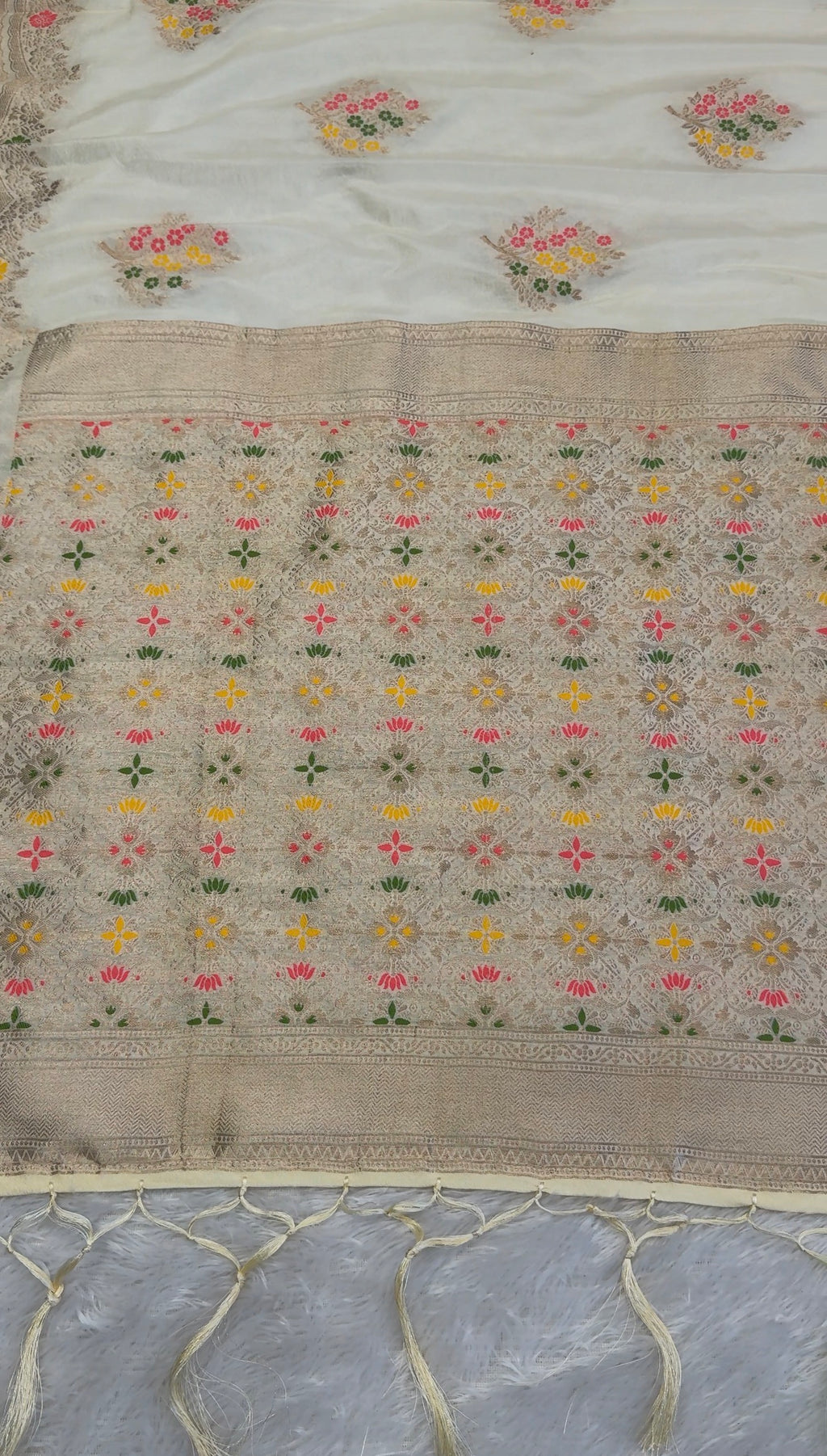 Pastel Yellow Festive Saree with Multicolor Floral Work and Elegant Pallu Tassels