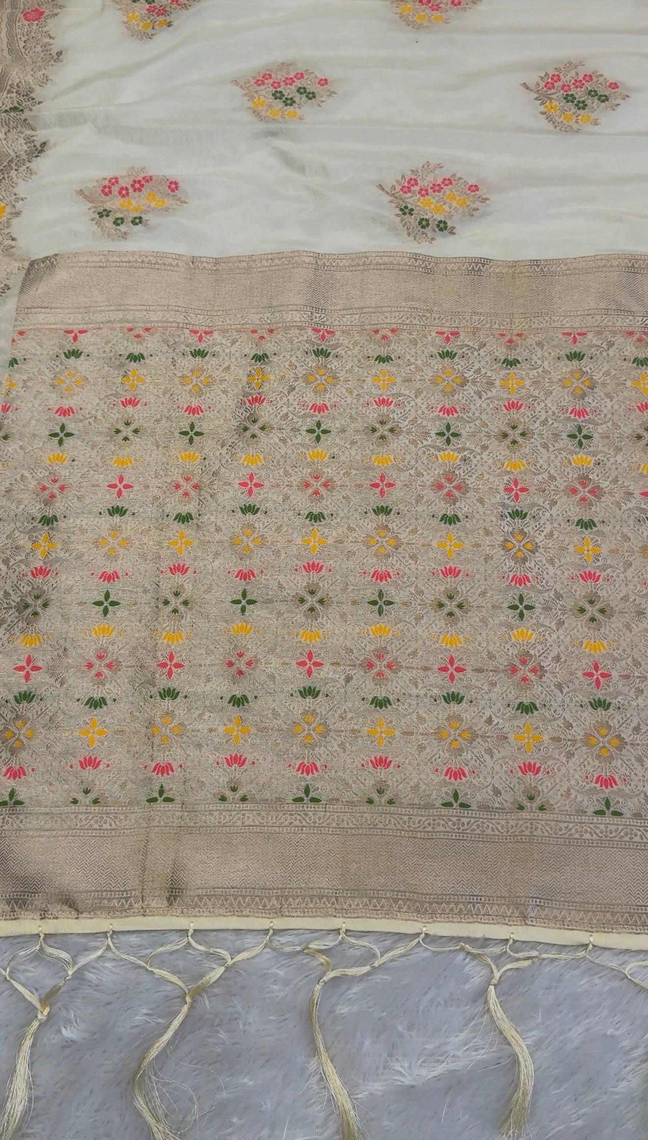 Pastel Yellow Festive Saree with Multicolor Floral Work and Elegant Pallu Tassels