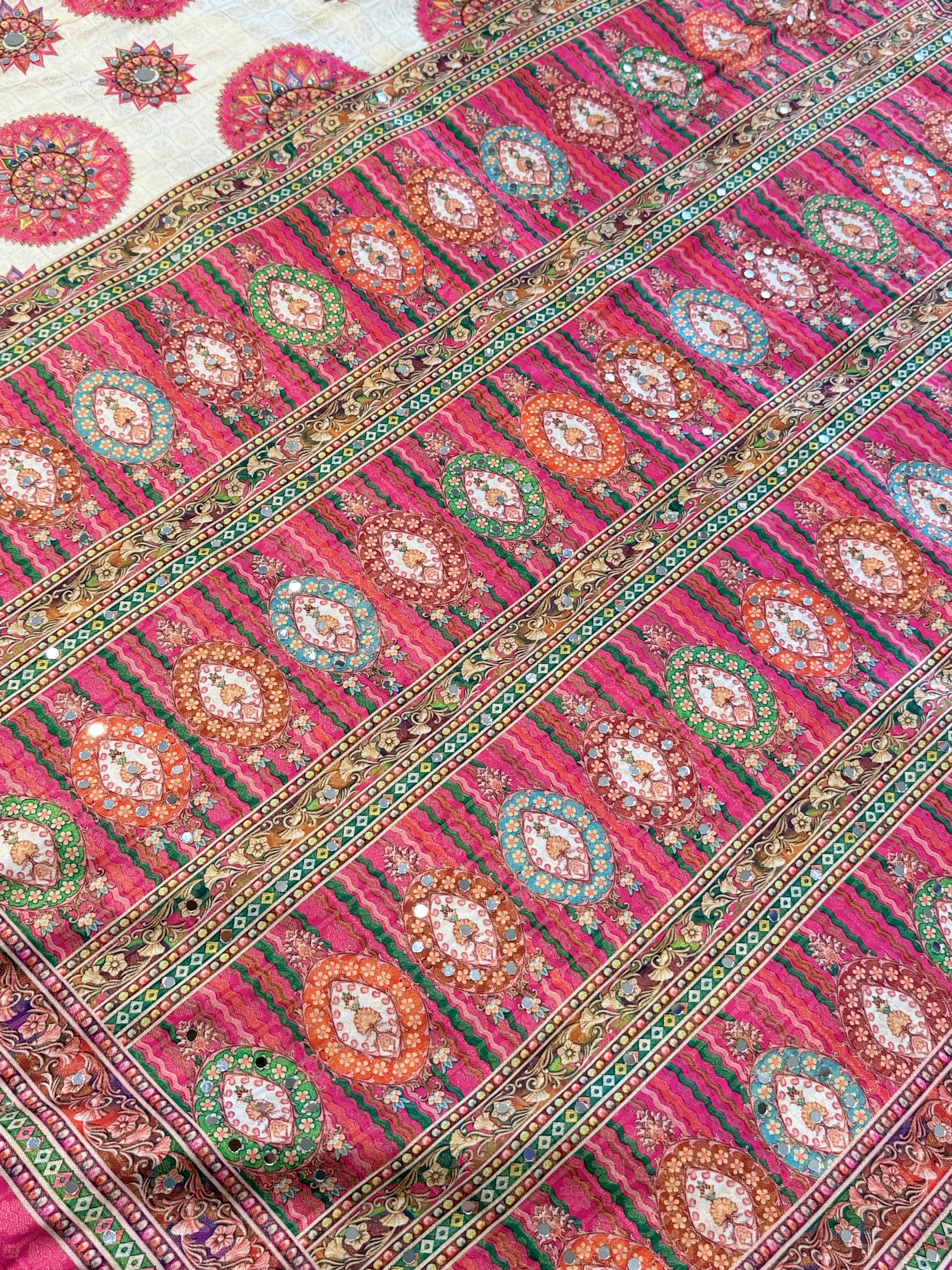Ivory Elegance Saree with Multicolor Mandala Prints