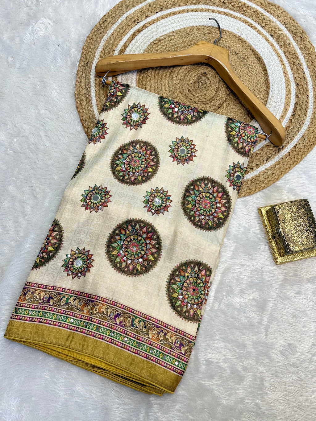 Ivory Elegance Saree with Multicolor Mandala Prints