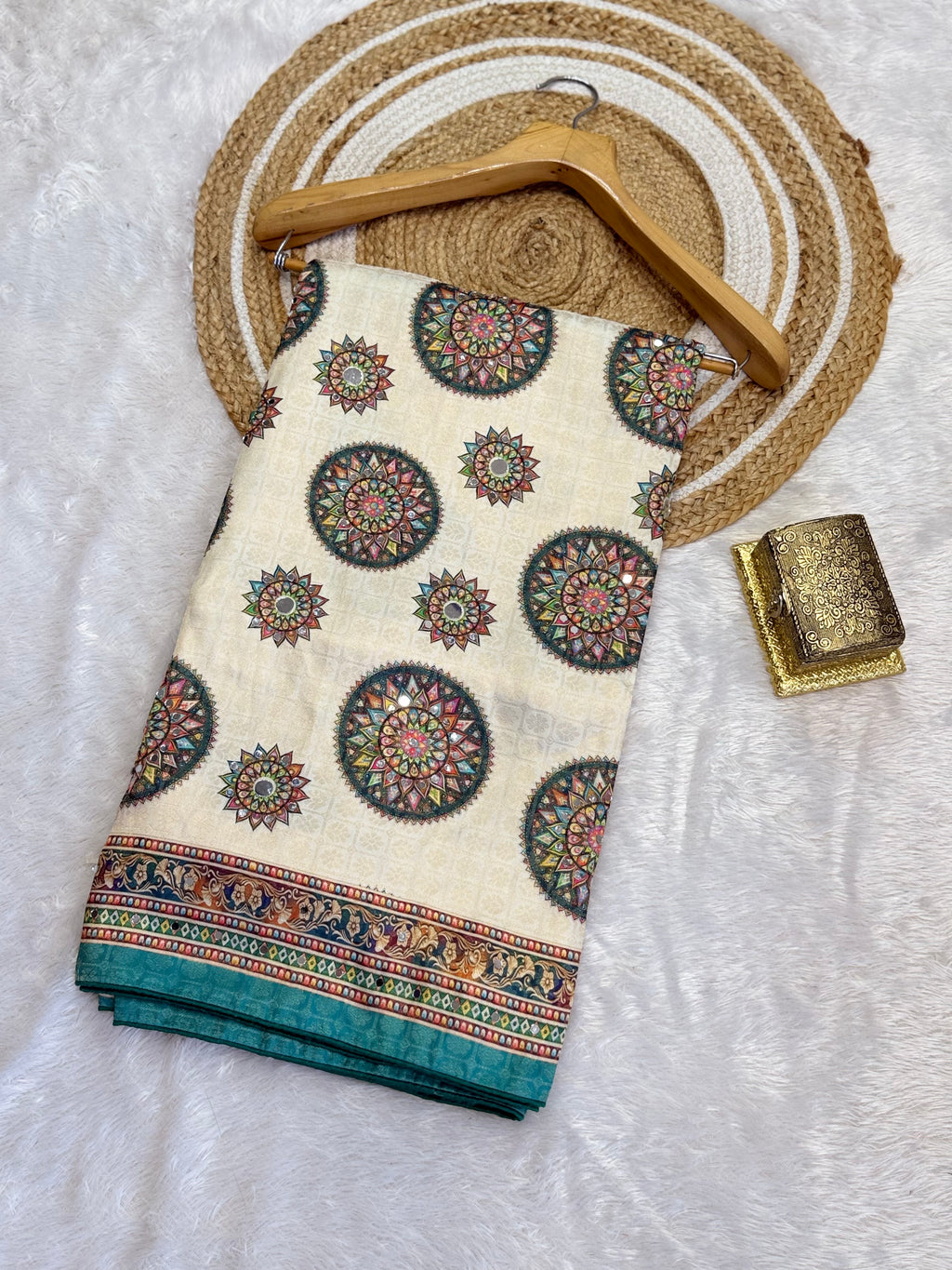 Ivory Elegance Saree with Multicolor Mandala Prints