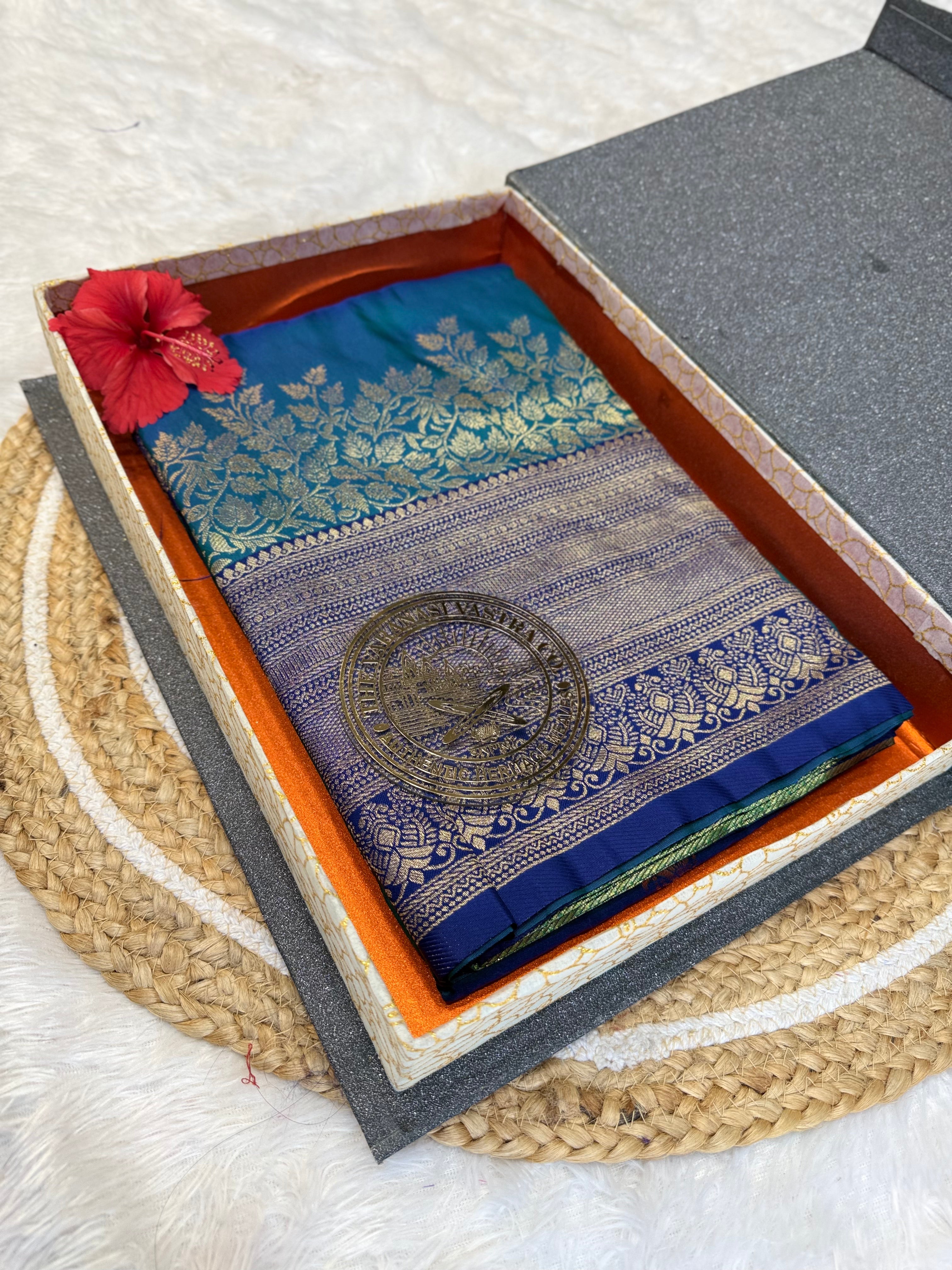 Elegant Teal Blue Banarasi Saree with Antique Gold Zari Border