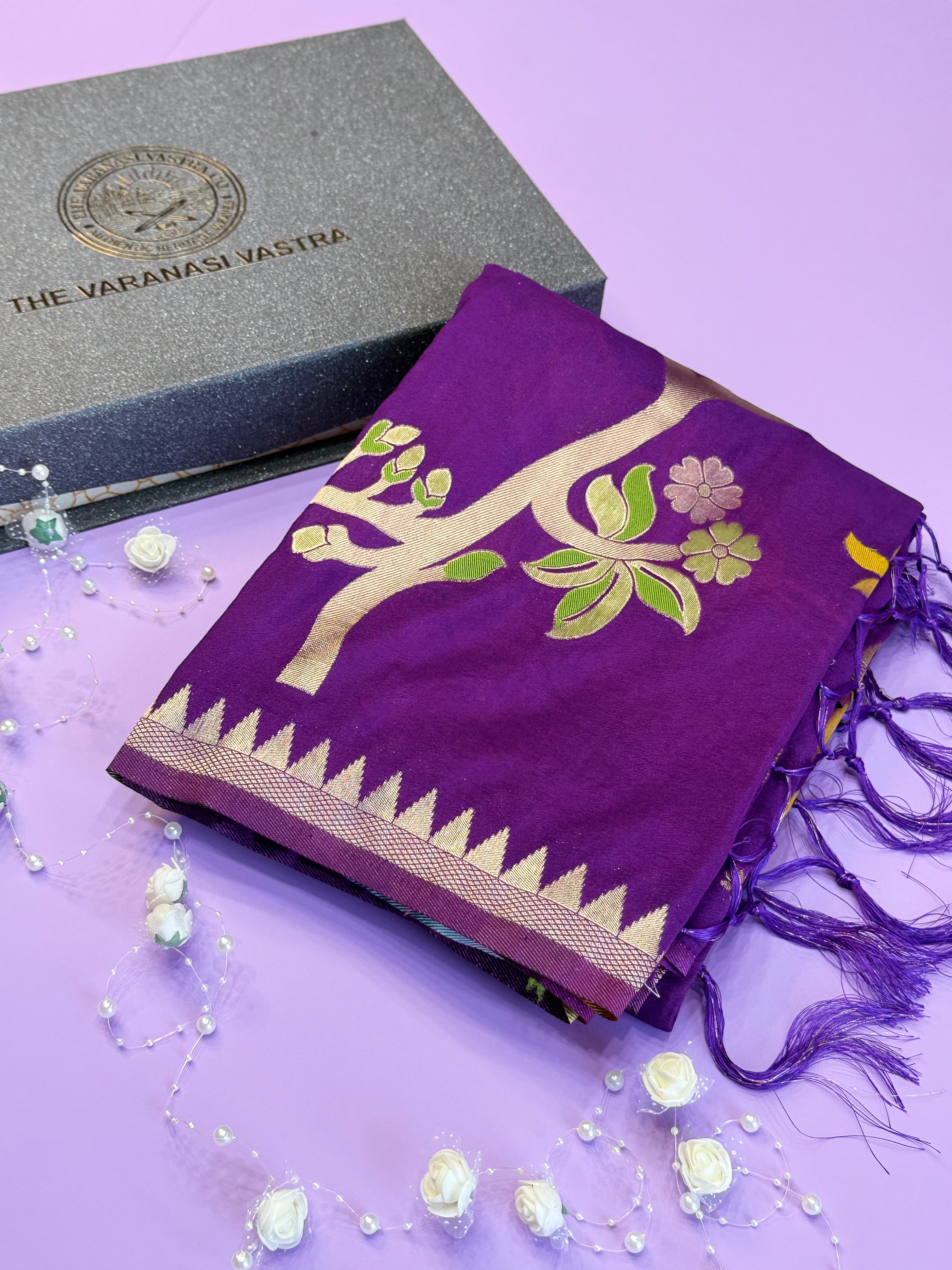 Luxury Dark Purple Festive Saree with Intricate Gold Brocade Work