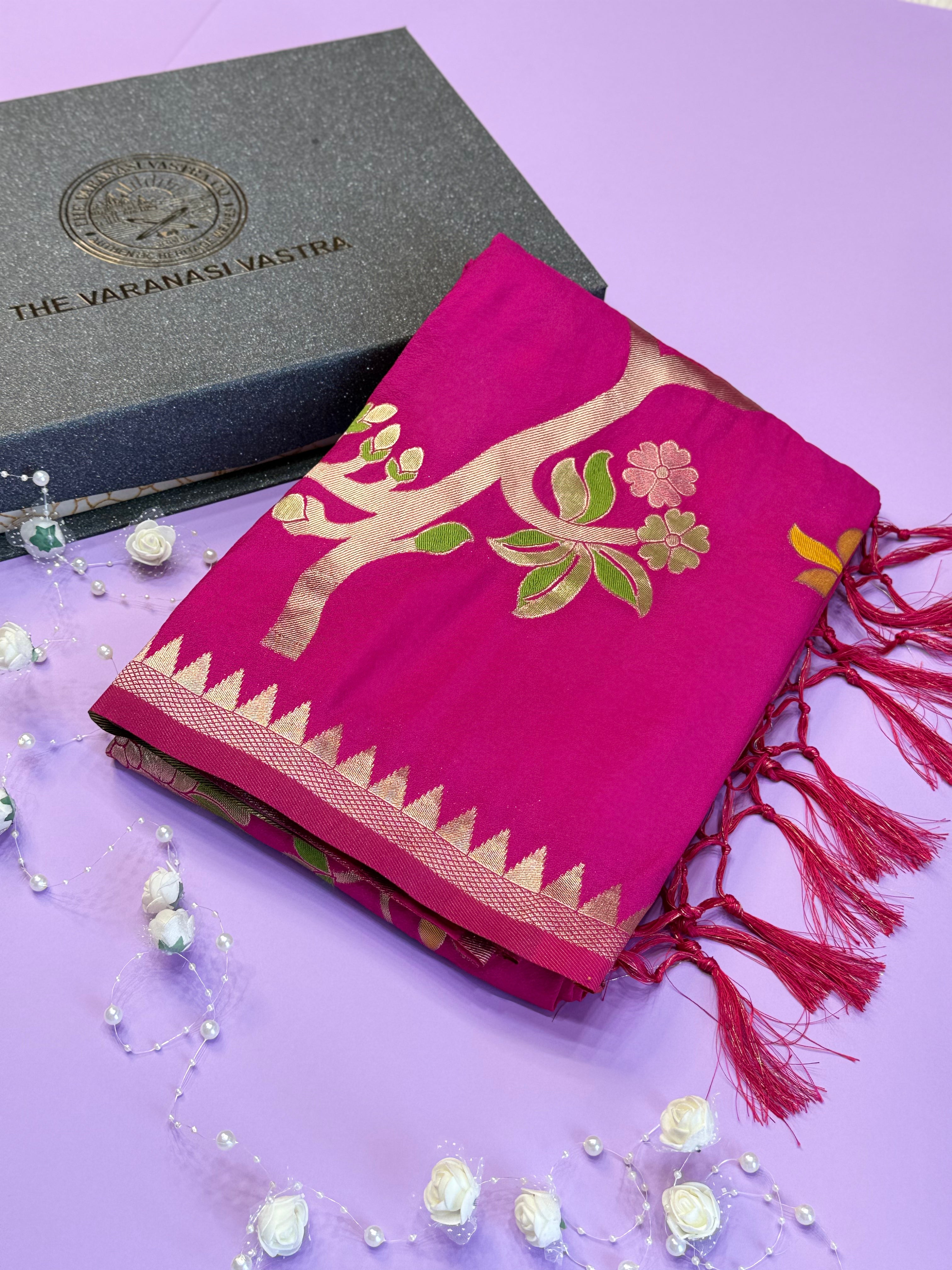 Luxury dark pink Festive Saree with Intricate Gold Brocade Work